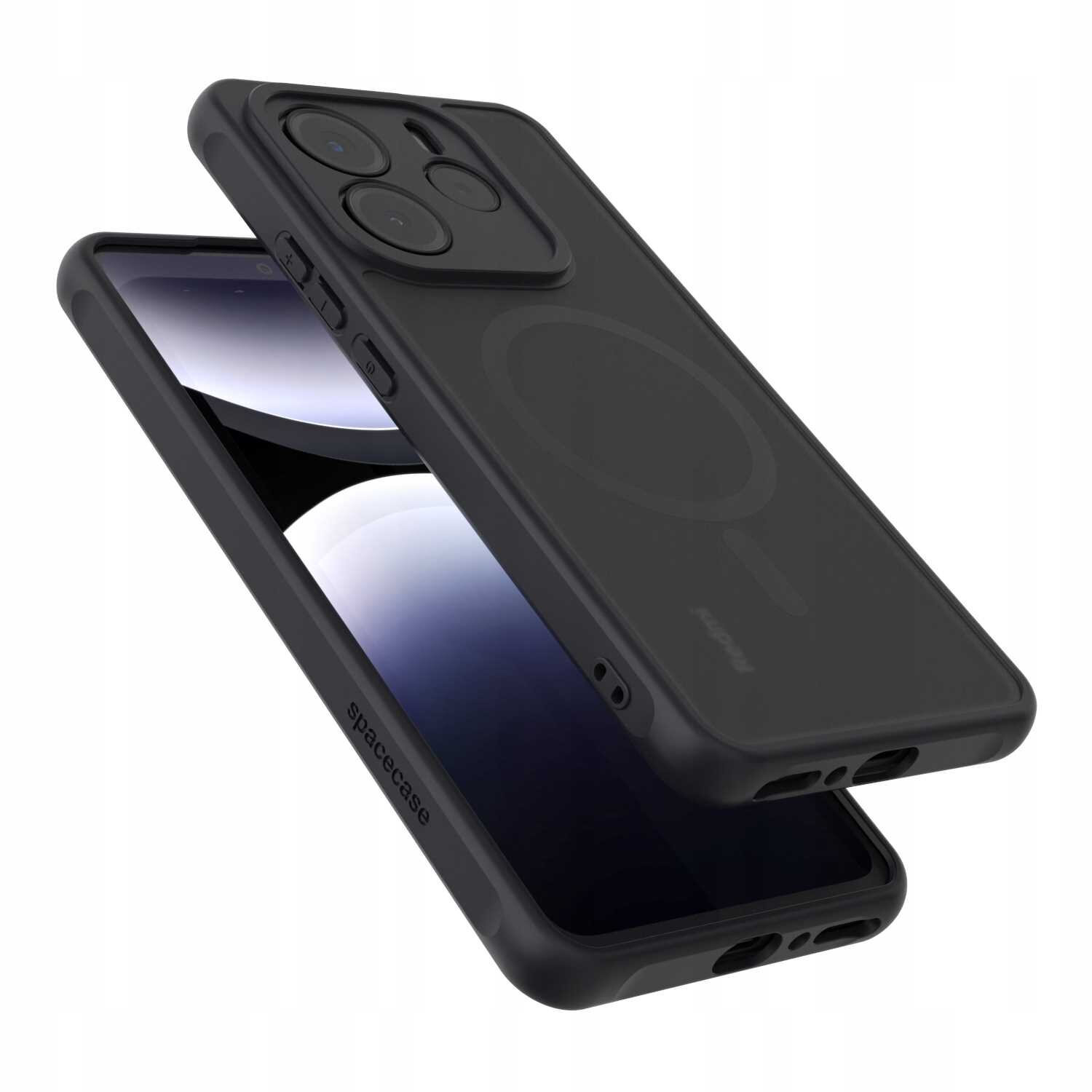 Czarne etui magnetyczne SPACECASE Hybrid Mag do telefonu, z widocznymi przyciskami i otworami na aparat. Na etui znajduje się napis \'spacecase\'.