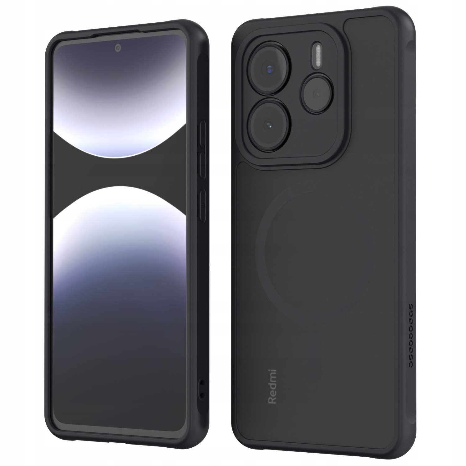 Obraz przedstawia czarne etui magnetyczne na telefon z trzema widocznymi aparatami i napisem \'Redmi\' oraz \'spacecase\'.