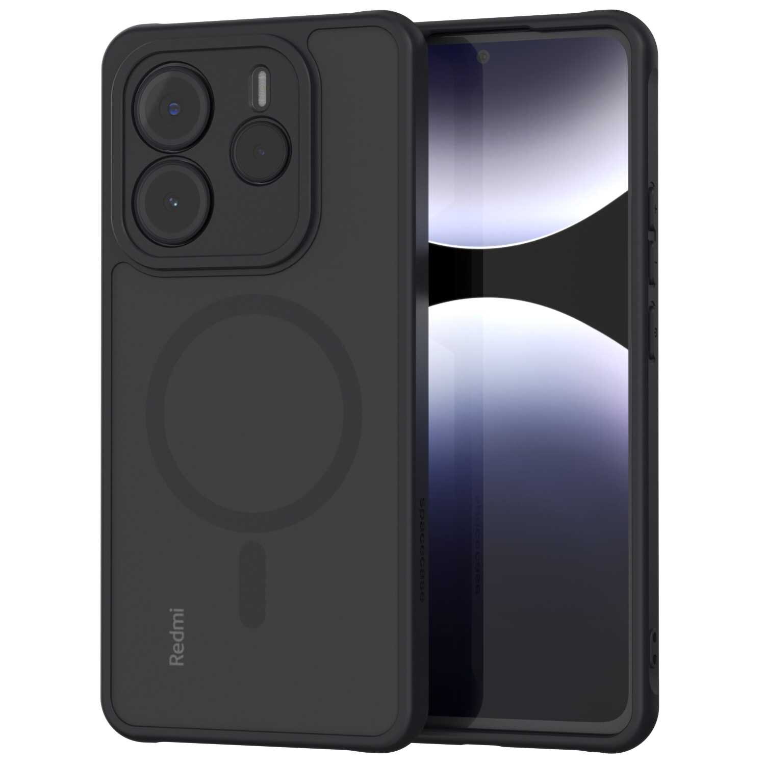 Czarne etui magnetyczne na telefon z trzema okrągłymi wycięciami na aparat i logo \'Redmi\' na dole. Obok etui widoczny jest telefon z wyświetlaczem pokazującym gradientowe tło.