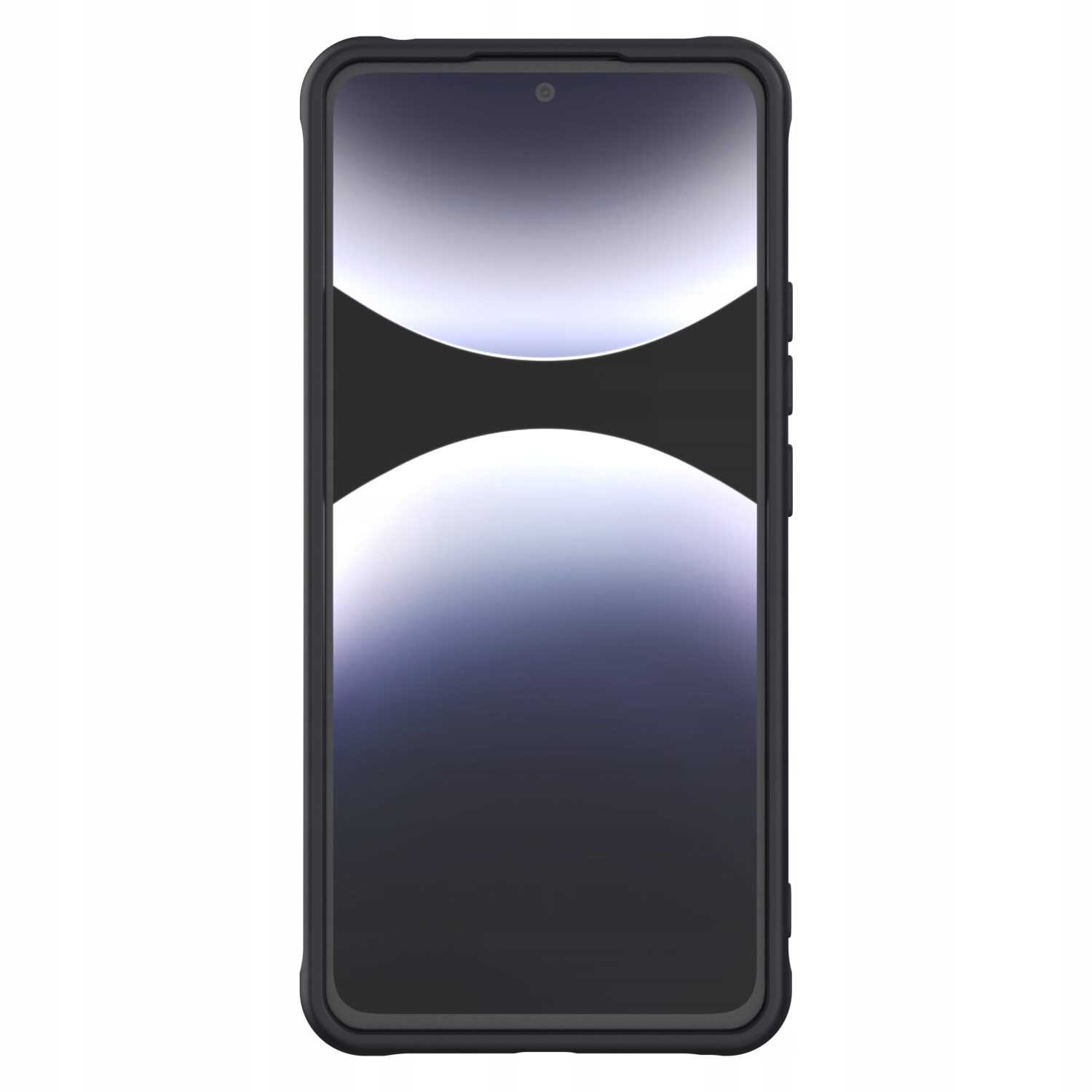 Obraz przedstawia czarne etui na telefon z widocznym ekranem, na którym jest gradientowy wzór w odcieniach bieli i czerni. Etui ma zaokrąglone rogi i wyraźne krawędzie ochronne.