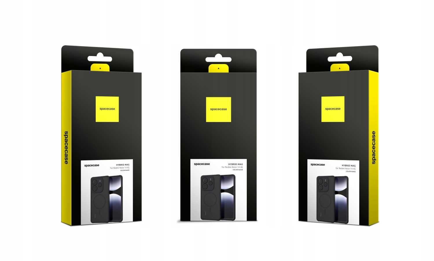 Trzy opakowania produktu z logo \'spacecase\' na czarnym tle z żółtym akcentem. Na każdym opakowaniu widoczny jest obraz etui na telefon oraz napis \'HYBRID MAG\'.