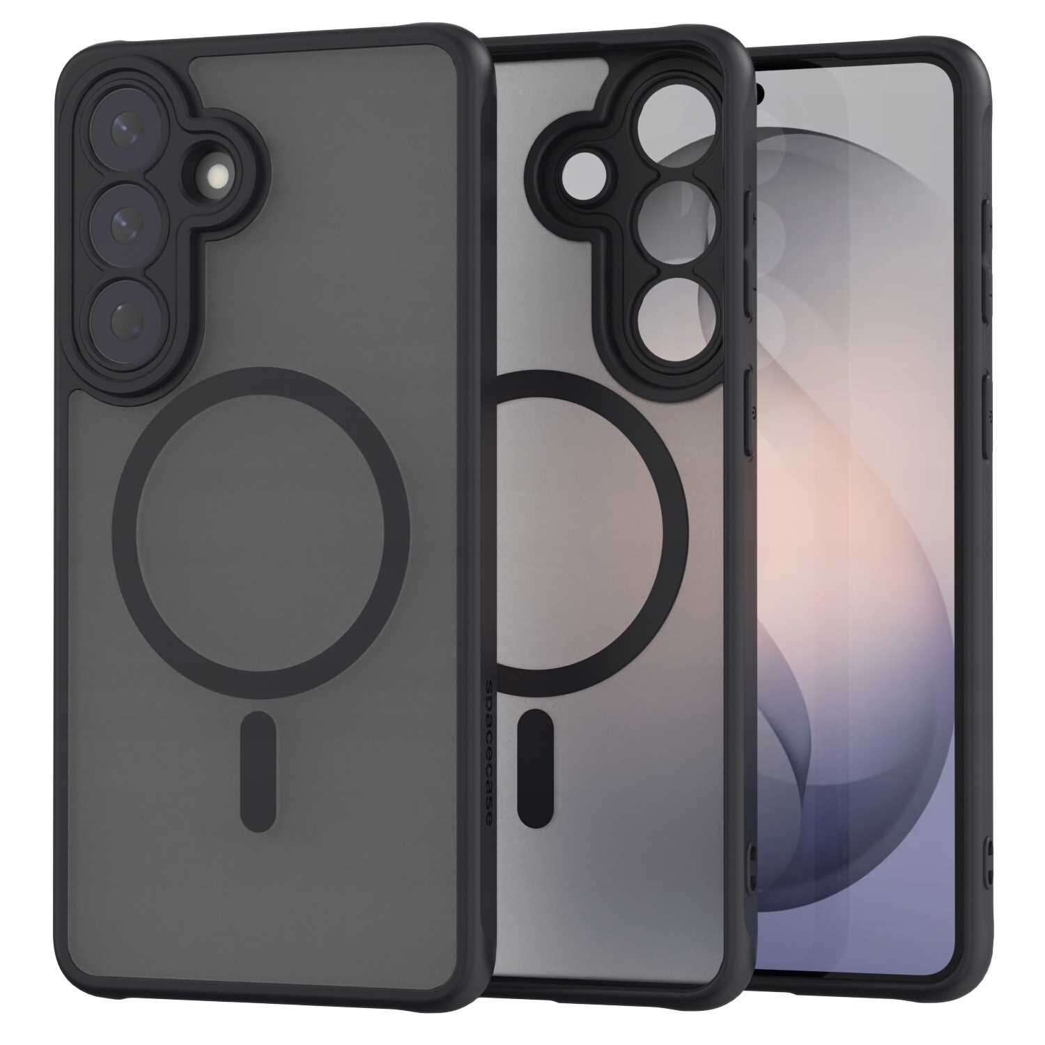 Obraz przedstawia dwa przezroczyste etui na telefon z czarnymi krawędziami i okrągłym wzorem na środku. Etui mają wycięcia na aparat i logo \'phonecase\' na boku.