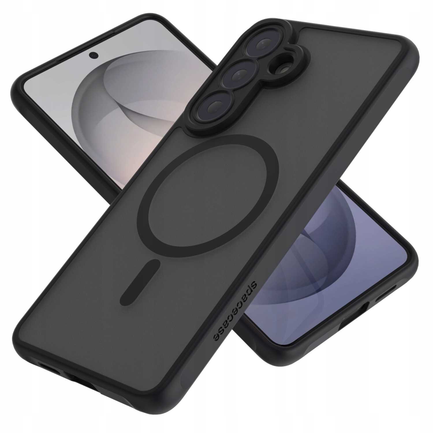 Na obrazie widoczne są dwa telefony z założonymi czarnymi etui, jedno z nich ma napis \'SPACECASE\'. Etui posiada okrągły wzór sugerujący kompatybilność z MagSafe.