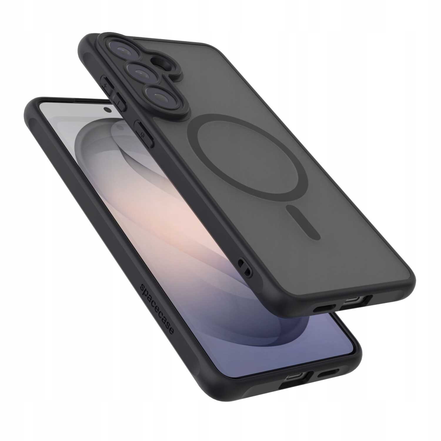Obraz przedstawia czarne etui na telefon z widocznym okrągłym wzorem na tylnej części. Na boku etui znajduje się napis \'spacecase\'.