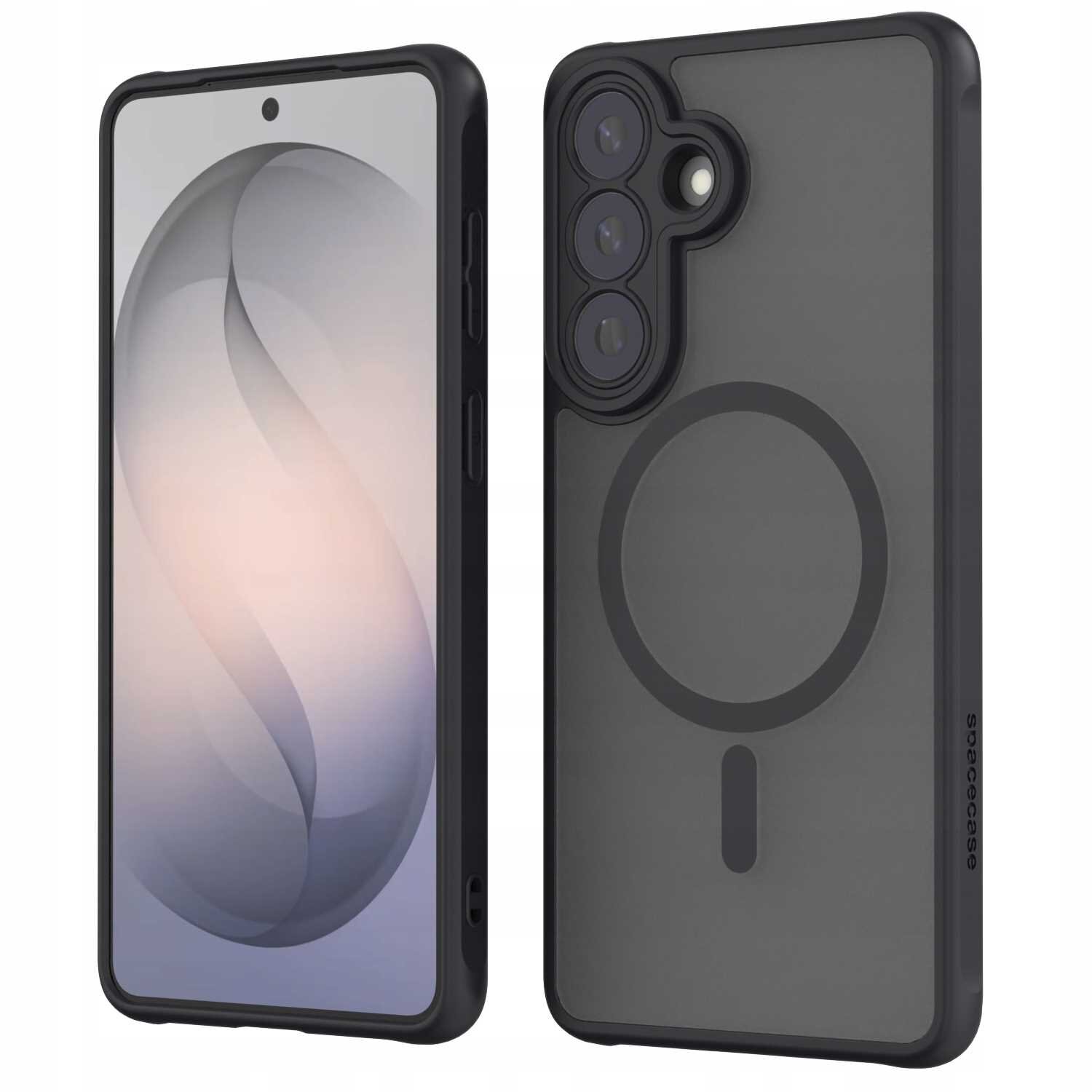 Obraz przedstawia etui magnetyczne do telefonu z trzema otworami na aparaty i napisem \'spacecase\' na boku. Etui ma przezroczysty tył z widocznym okręgiem i prostokątem, sugerującym kompatybilność z MagSafe.