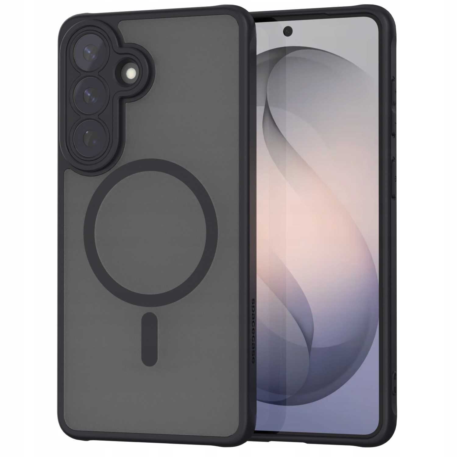 Etui magnetyczne w kolorze czarnym z okrągłym wzorem na tylnej części, przeznaczone do telefonu Galaxy S26 Plus. Widoczny napis \'SPACECASE\' na boku etui.