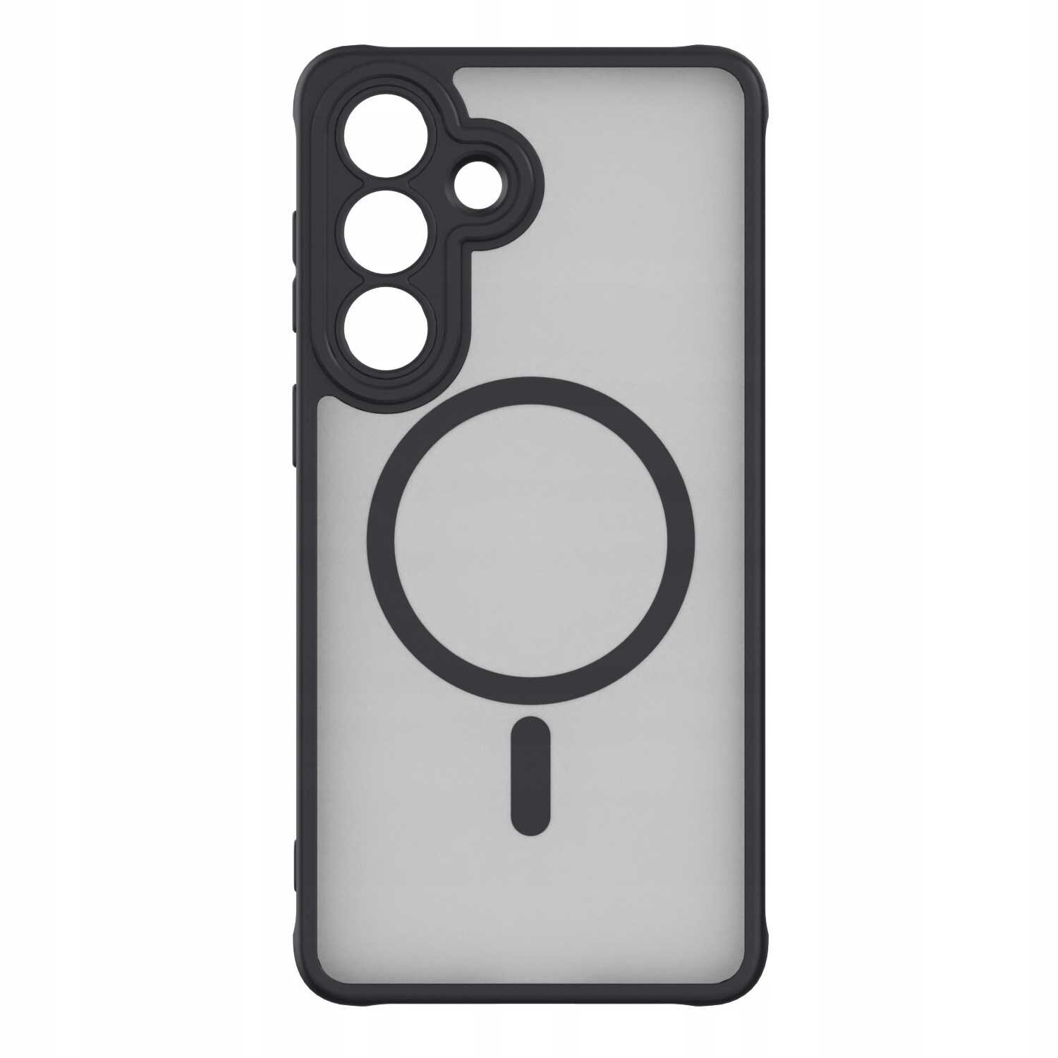 Etui magnetyczne z przezroczystym tyłem i czarną ramką, posiada otwory na aparat oraz okrągły symbol wskazujący kompatybilność z MagSafe.