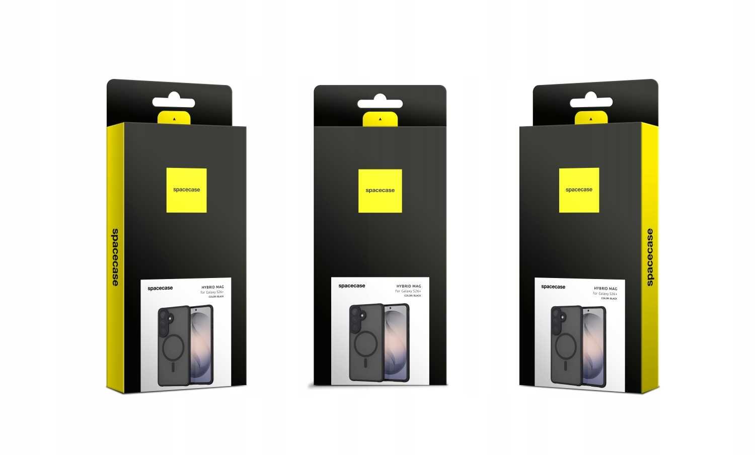 Trzy opakowania produktu z logo \'spacecase\' na żółtym tle, każde z grafiką przedstawiającą etui na telefon. Na opakowaniach widnieje napis \'HYBRID MAG\'.