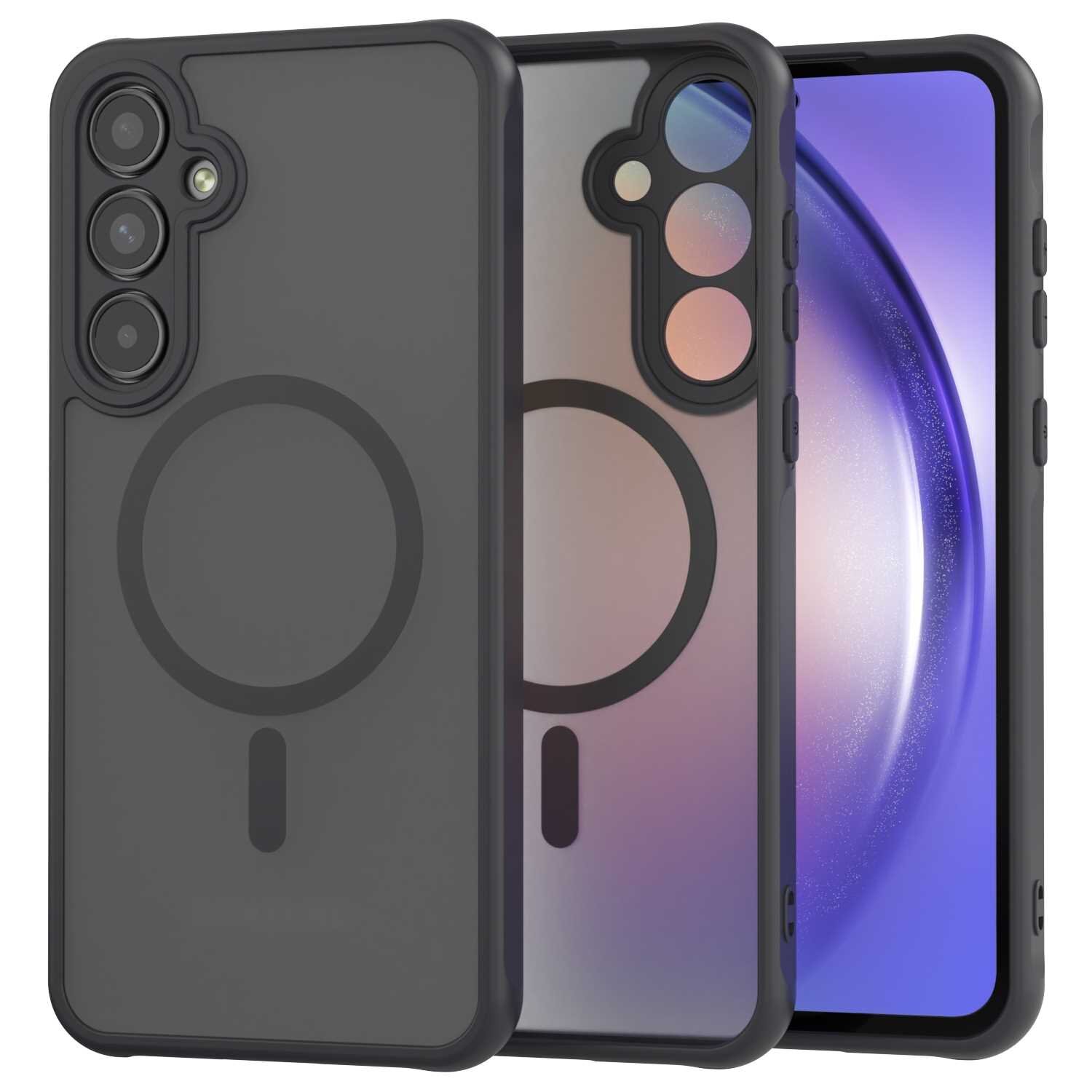 Obraz przedstawia czarne etui magnetyczne SPACECASE Hybrid Mag do Galaxy A35 5G. Etui ma przezroczysty tył z widocznym okrągłym wzorem i wycięciami na aparat.