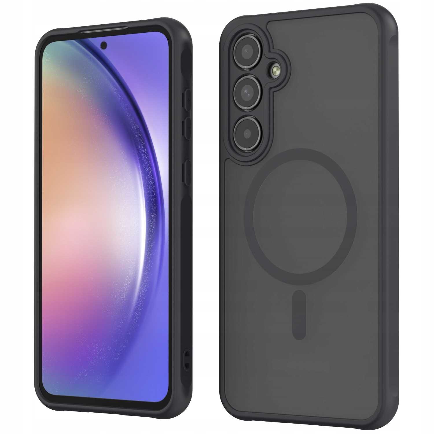 Obraz przedstawia czarne etui magnetyczne na telefon z trzema otworami na aparaty i okrągłym wzorem na tylnej części. Etui jest przeznaczone do modelu Galaxy A35 5G.
