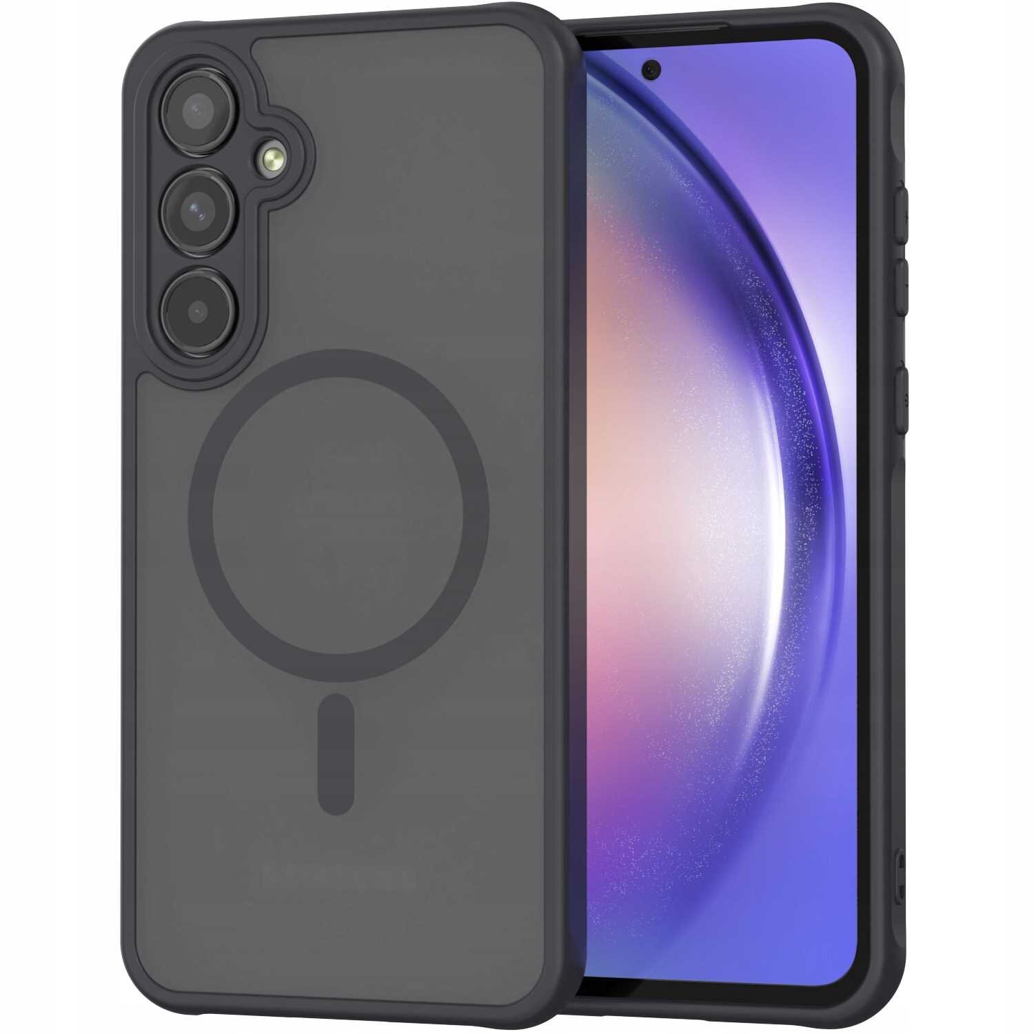 Czarne etui magnetyczne na telefon z trzema otworami na aparaty i okrągłym wzorem na tylnej części. Telefon w etui ma wyświetlacz z gradientowym tłem w odcieniach fioletu i różu.