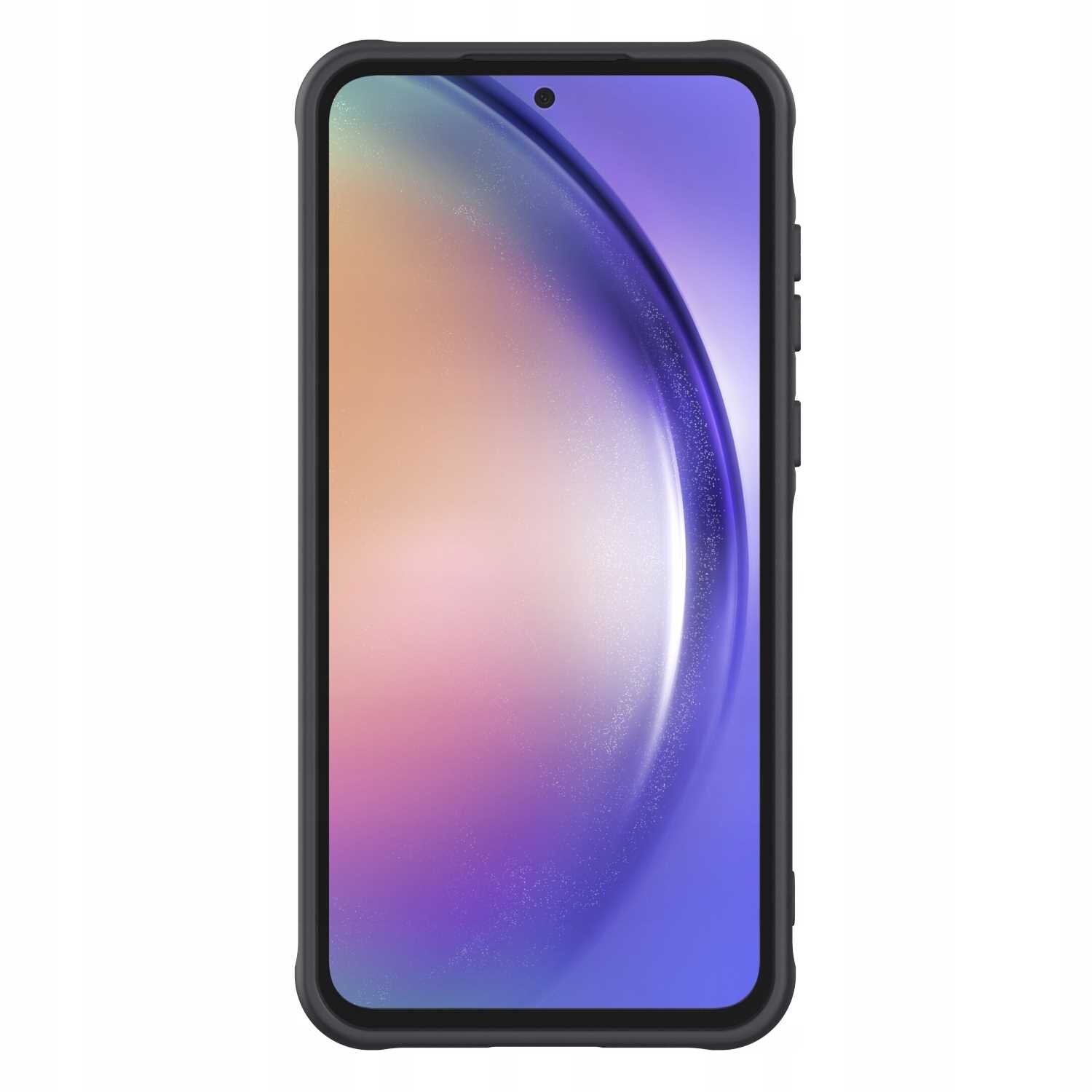 Obraz przedstawia smartfon w czarnym etui z wyświetlaczem pokazującym gradientowe tło w odcieniach fioletu i pomarańczu. Etui ma wyraźnie zaznaczone krawędzie i przyciski boczne.