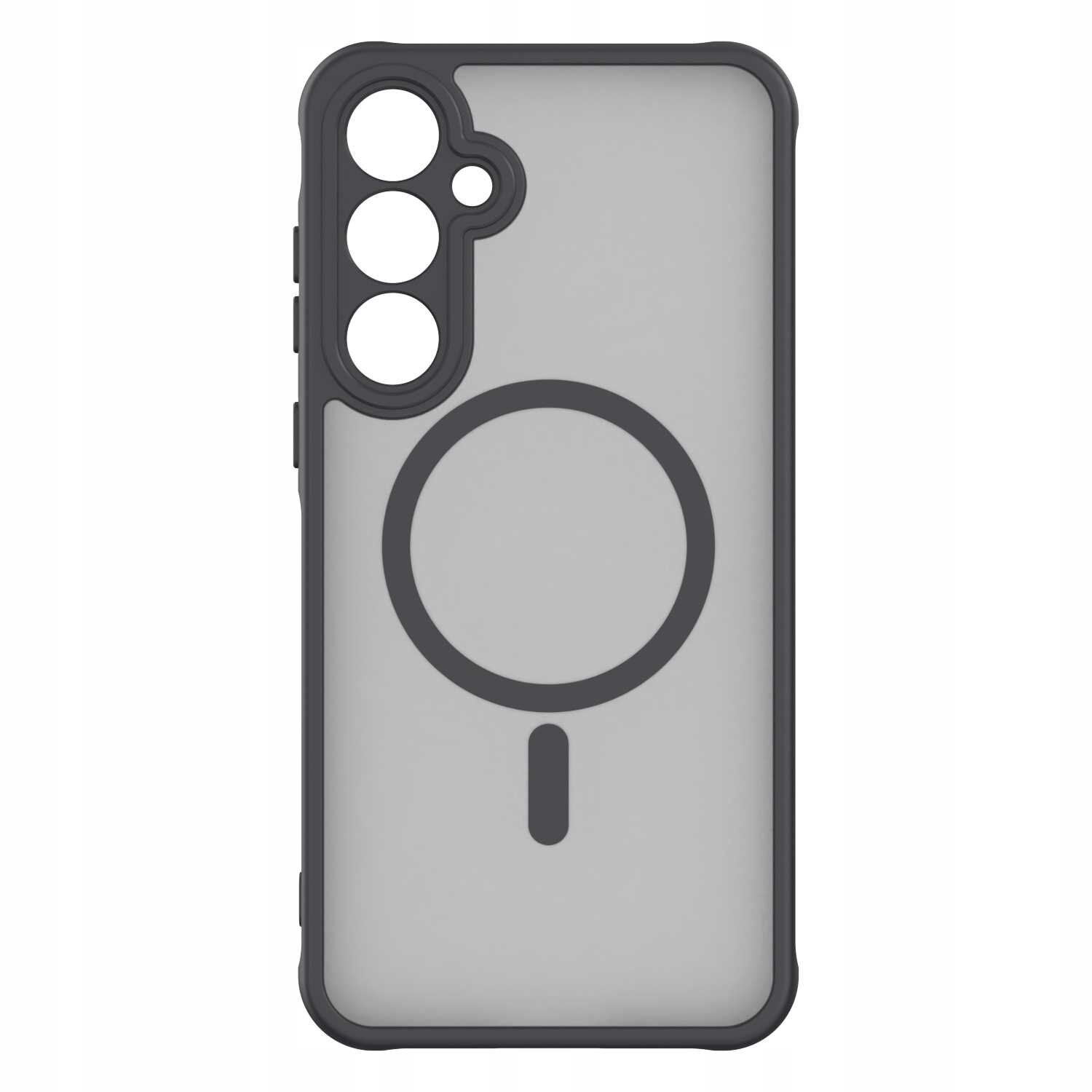 Etui magnetyczne w kolorze czarnym z przezroczystym tyłem, posiada wycięcia na aparat i okrągły wzór na środku. Przeznaczone do Galaxy A55 5G.