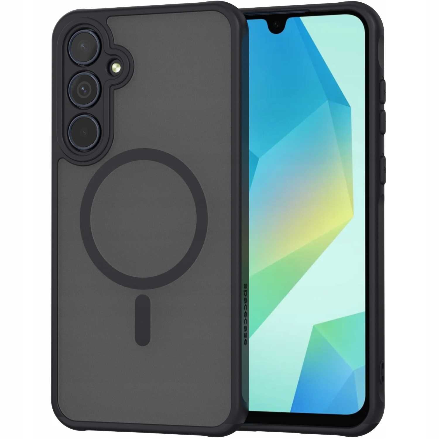 Czarne etui magnetyczne z okrągłym wzorem na tylnej części, przeznaczone do telefonu. Widoczny napis: SPACECASE.