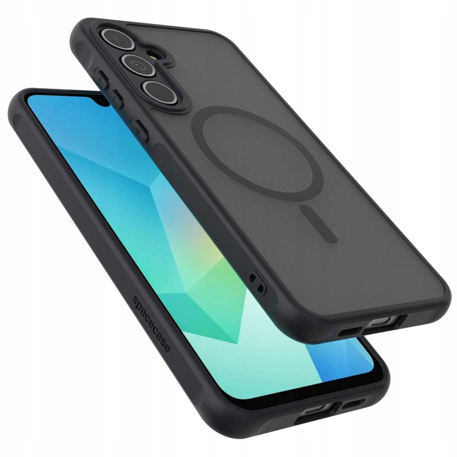 Czarne etui magnetyczne z przezroczystym tyłem i okrągłym wzorem, przeznaczone do telefonu. Na boku widoczny jest napis \'spacecase\'.