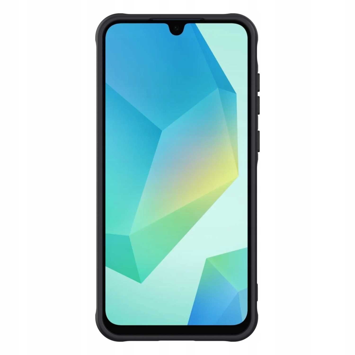 Smartfon w czarnym etui z kolorowym, geometrycznym wzorem na ekranie. Etui ma zaokrąglone krawędzie i wycięcie na głośnik u góry ekranu.