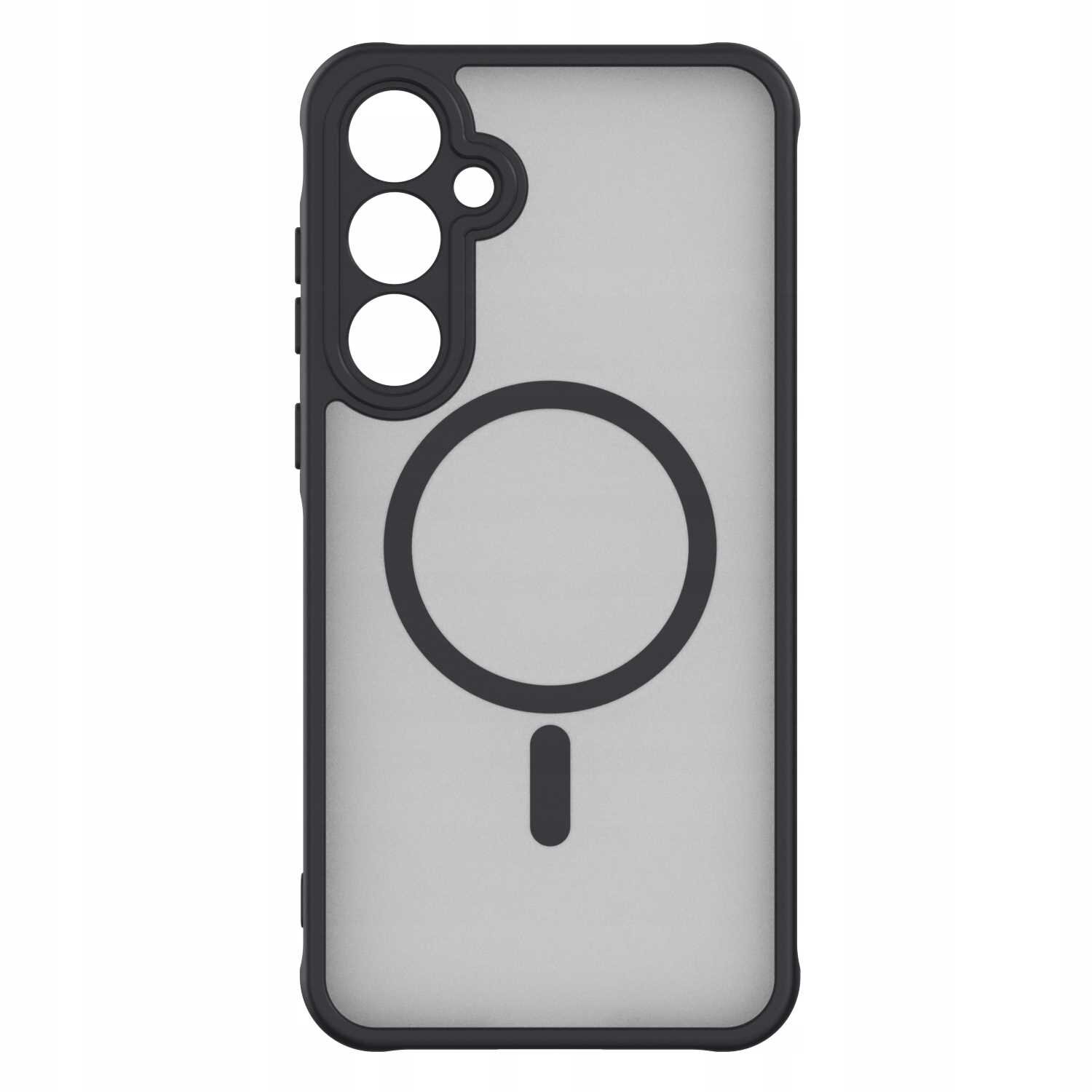 Czarne etui magnetyczne z przezroczystym tyłem, posiada wycięcia na aparat i okrągły wzór na środku. Przeznaczone do telefonu Galaxy A16 5G.