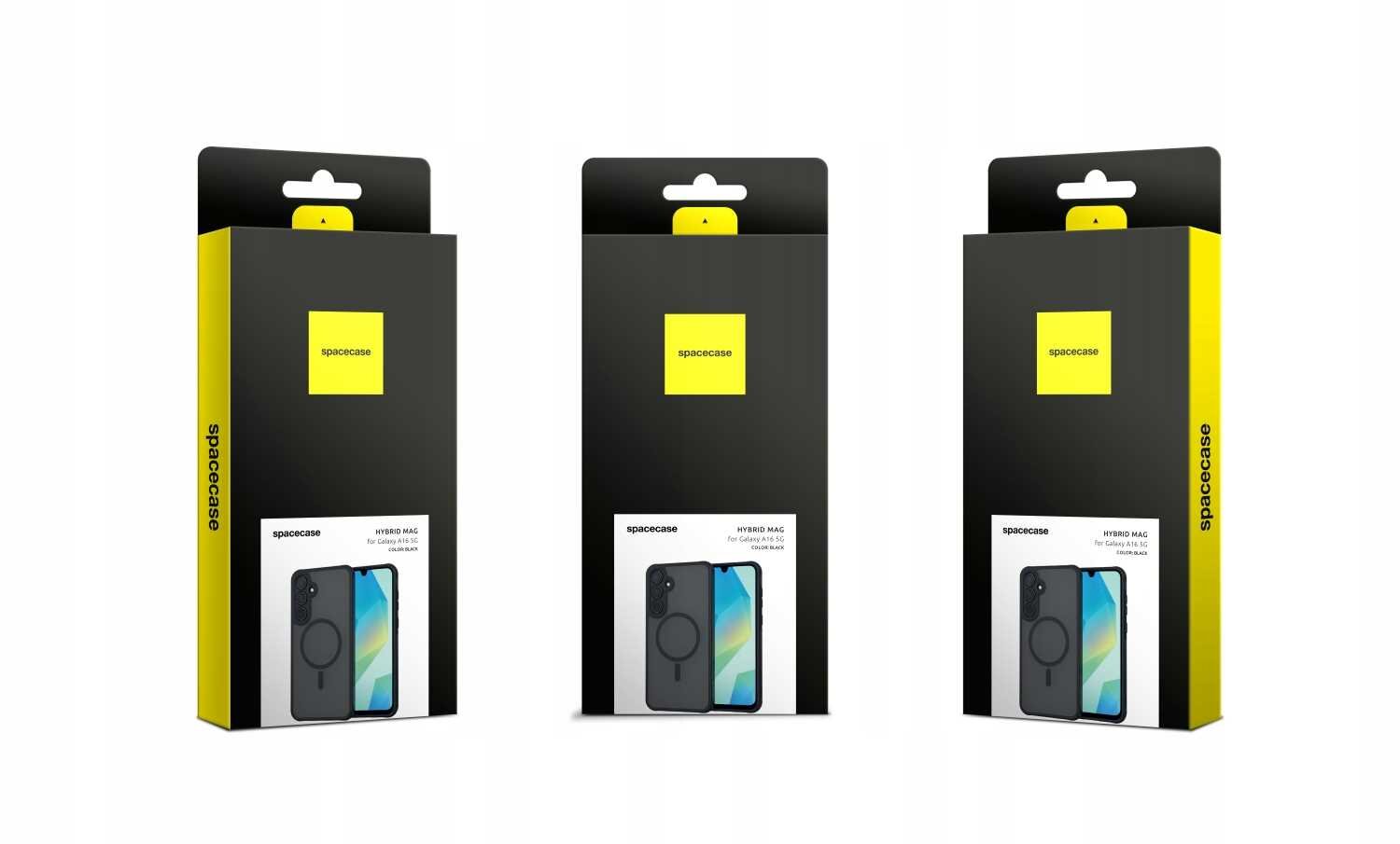 Trzy opakowania produktu SPACECASE z silikonowym etui magnetycznym do Galaxy S26 Ultra w kolorze czarnym. Na opakowaniach widoczne jest logo \'spacecase\' oraz zdjęcie telefonu z etui.