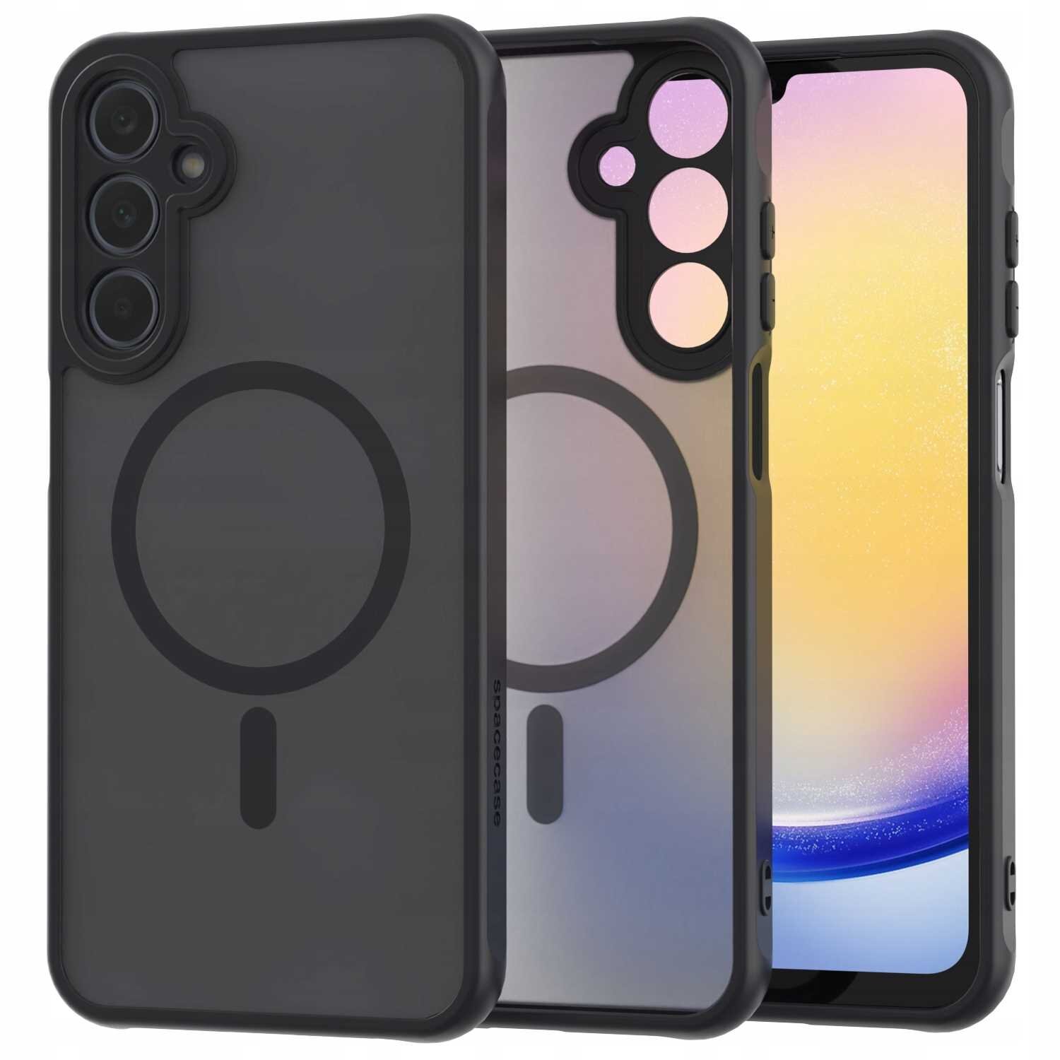 Obraz przedstawia czarne etui magnetyczne SPACECASE Hybrid Mag do Galaxy A25 5G z widocznym okrągłym wzorem na tylnej części. Etui ma wycięcia na aparat i przyciski boczne.