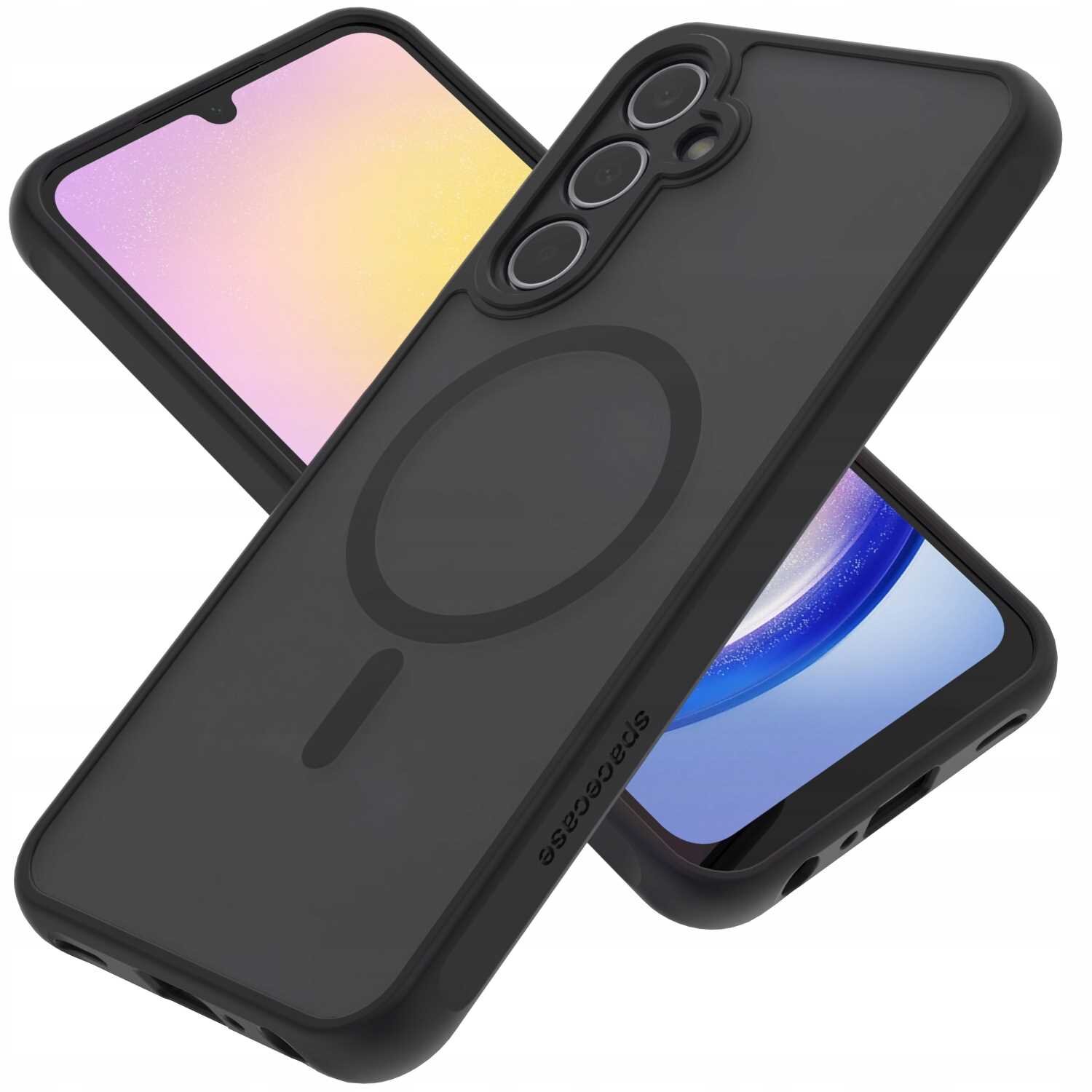 Czarne etui magnetyczne z okrągłym wzorem na tylnej części, przeznaczone do telefonu. Na etui widoczny jest napis \'SPACECASE\'.