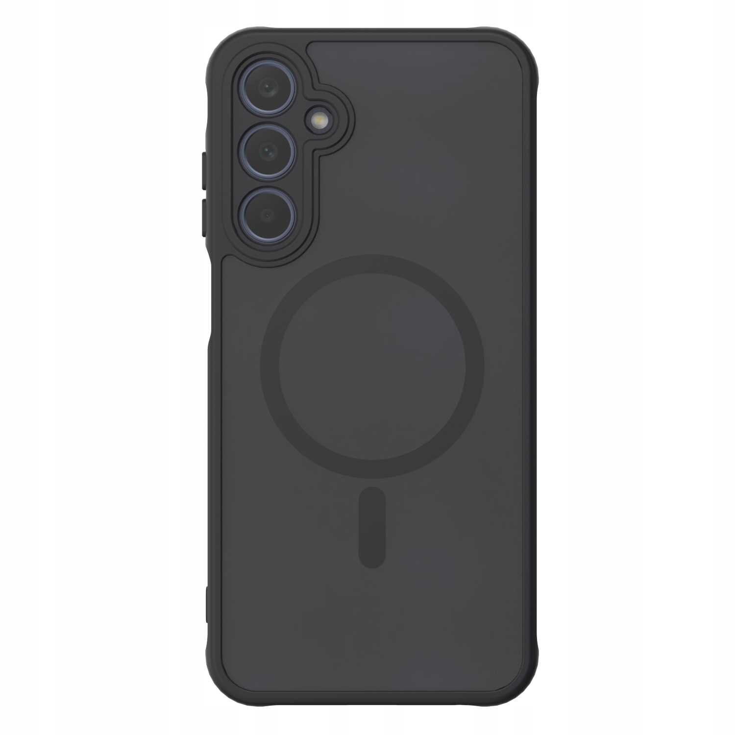 Czarne etui magnetyczne z trzema otworami na aparaty fotograficzne i okrągłym wzorem na środku. Etui jest przeznaczone do telefonu Galaxy A25 5G.