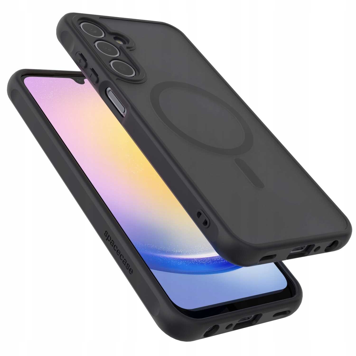 Czarne etui magnetyczne z napisem \'spacecase\', przeznaczone do telefonu, z widocznymi wycięciami na aparat i przyciski. Etui ma przezroczysty tył z okrągłym wzorem na środku.