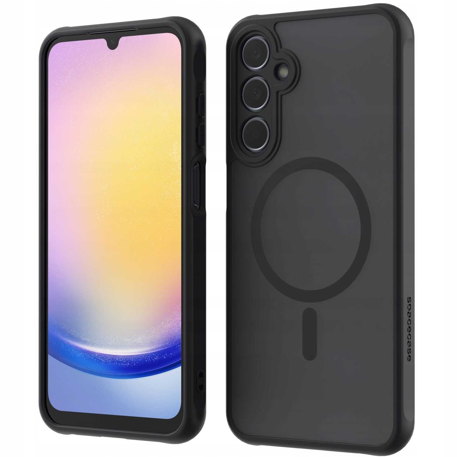 Obraz przedstawia czarne etui magnetyczne na telefon z trzema wycięciami na aparaty i okrągłym wzorem na tylnej części. Na boku etui widoczny jest napis \'spacecase\'.