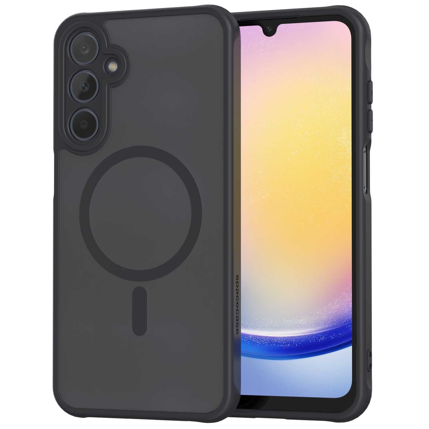 Czarne etui magnetyczne z okrągłym wzorem na tylnej części, przeznaczone do telefonu Galaxy A25 5G. Widoczne są trzy otwory na aparaty oraz logo \'SPACECASE\' na boku.