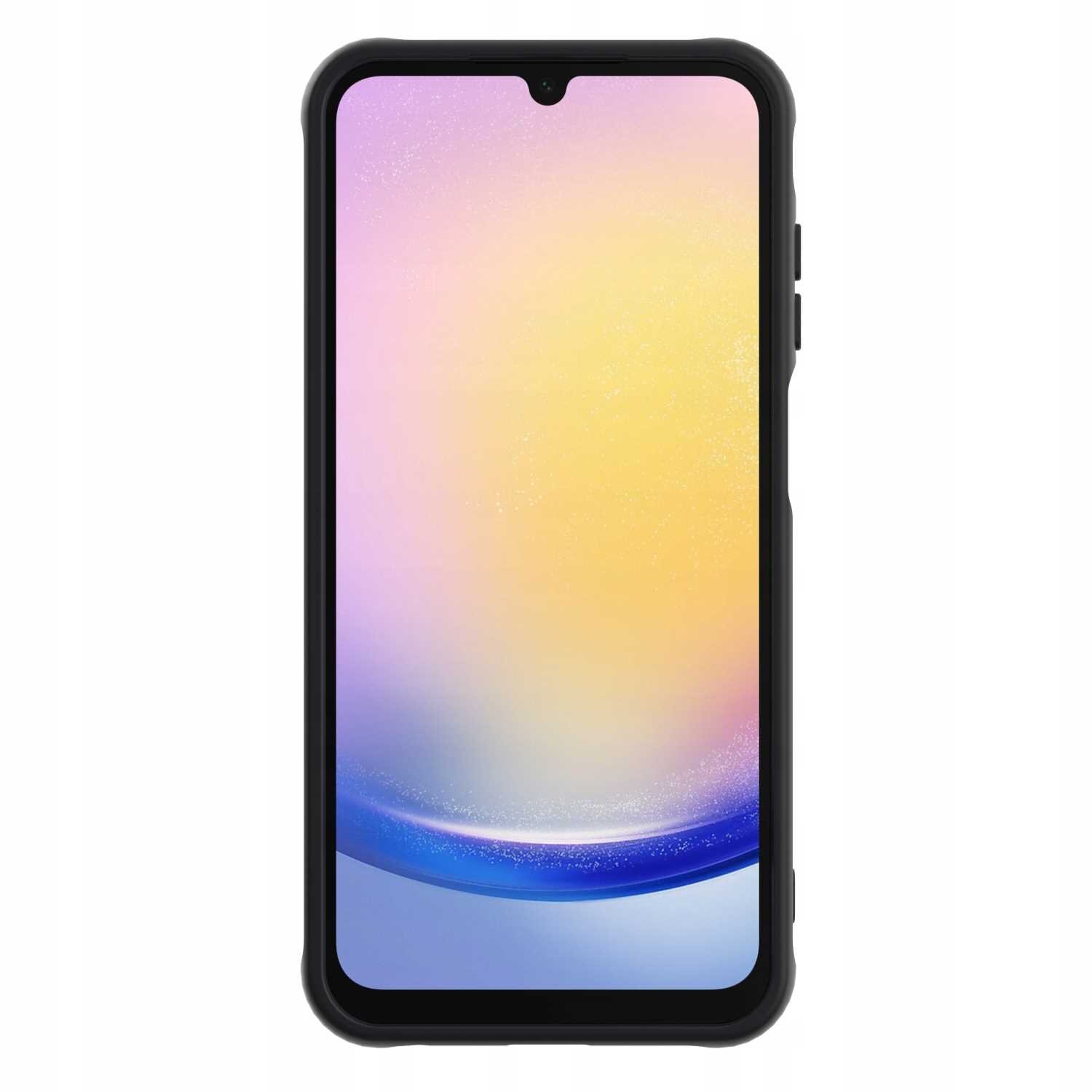 Obraz przedstawia smartfon w czarnym etui z wyświetlaczem pokazującym gradientowe tło w odcieniach żółci, różu i niebieskiego. Etui ma zaokrąglone rogi i wycięcie na głośnik u góry ekranu.
