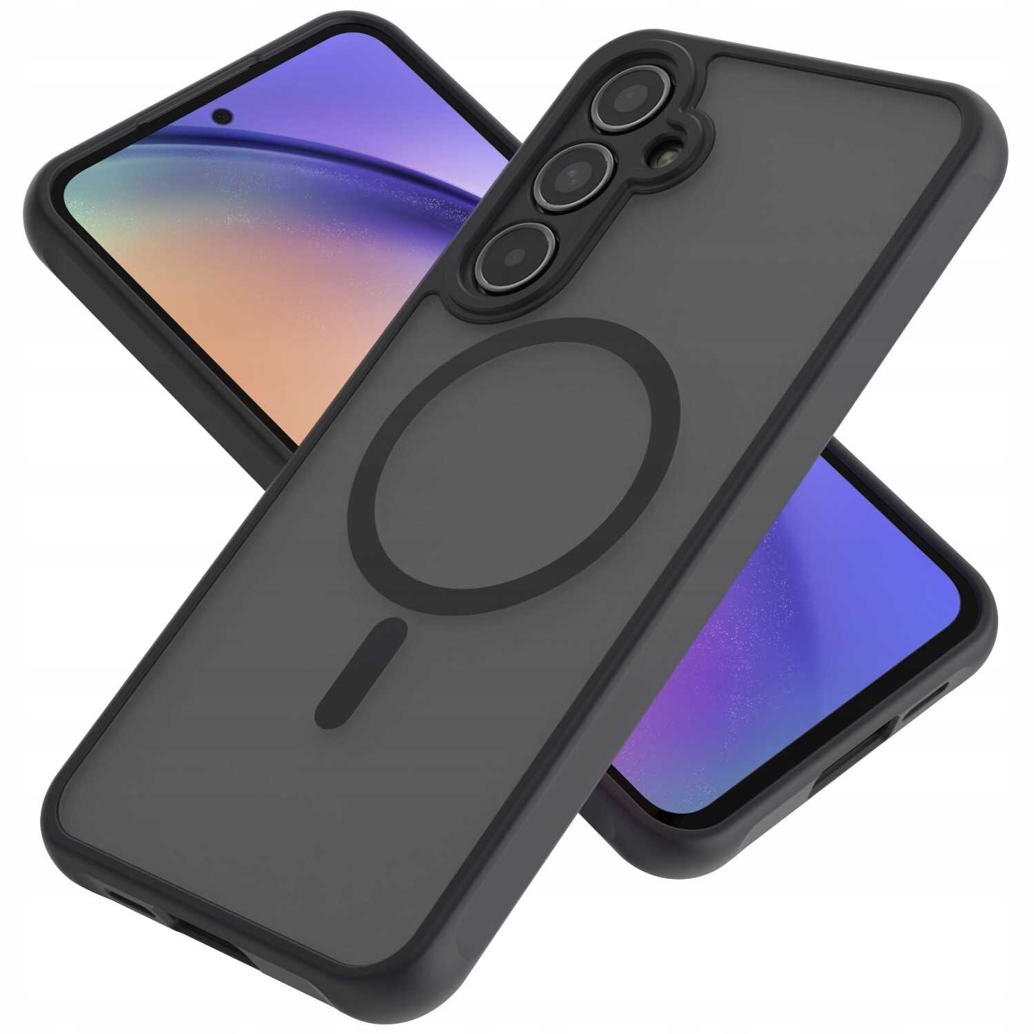 Na obrazie widoczne jest czarne etui magnetyczne z trzema otworami na aparaty oraz okrągłym wzorem na tylnej części. W tle widać ekran telefonu z gradientowym tłem w odcieniach fioletu i pomarańczu.