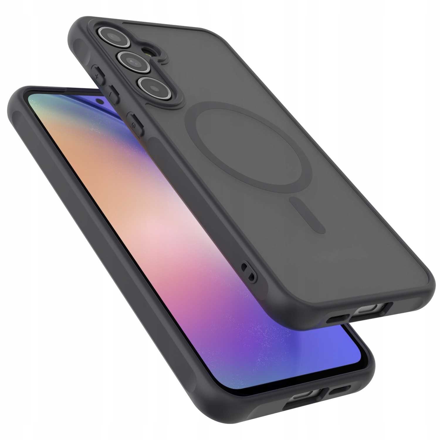 Czarne etui magnetyczne na telefon z widocznym okrągłym wzorem na tylnej części. Etui jest przezroczyste z matowym wykończeniem i posiada wycięcia na aparat oraz przyciski.