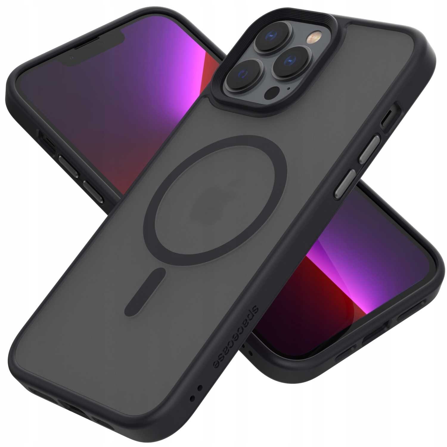 Obraz przedstawia czarne etui magnetyczne na telefon z widocznym okrągłym wzorem na tylnej części. Na etui znajduje się napis \'spacecase\'.