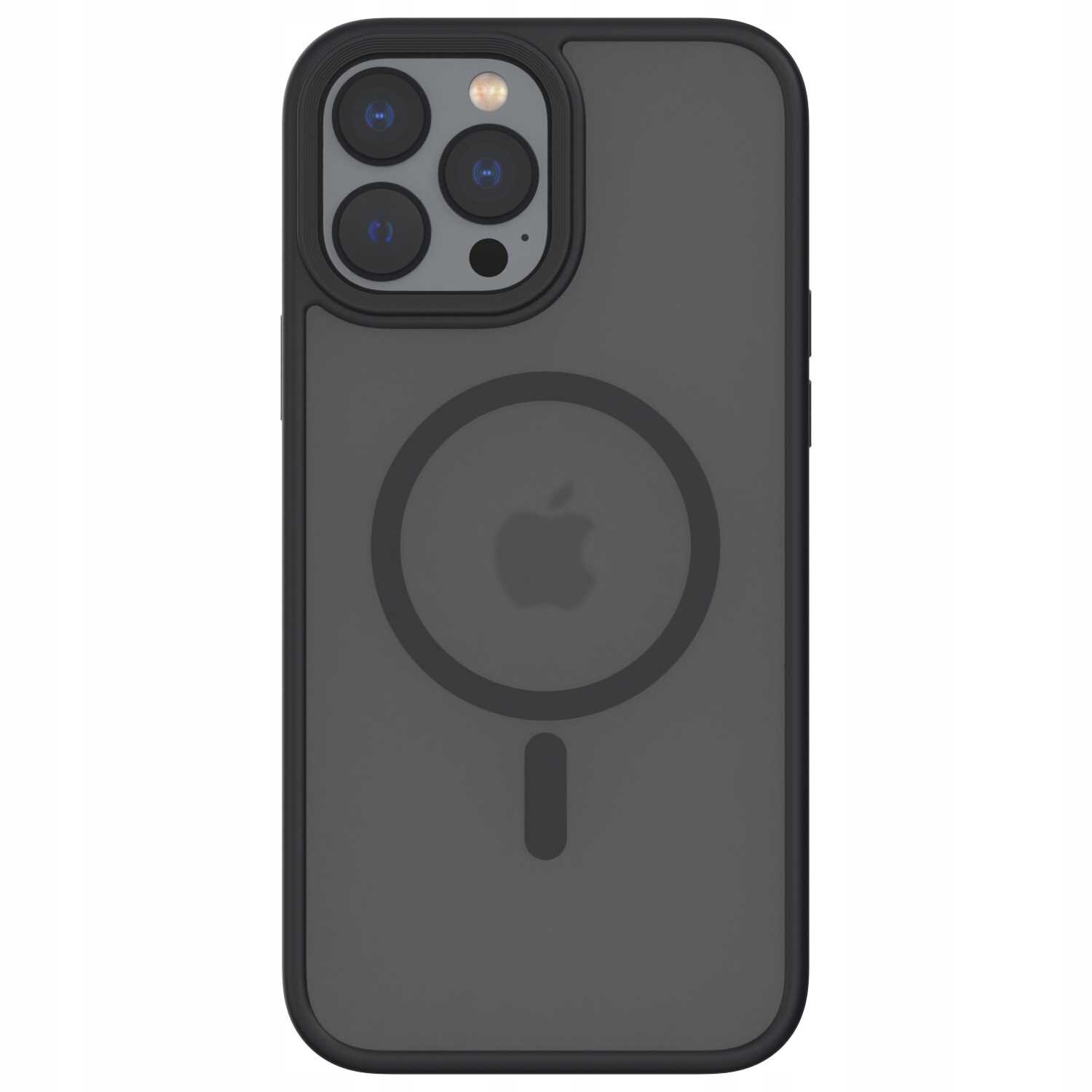 Czarne etui magnetyczne na telefon z widocznym logo w kształcie jabłka i okręgiem na środku. W górnej części znajdują się wycięcia na trzy obiektywy aparatu i lampę błyskową.
