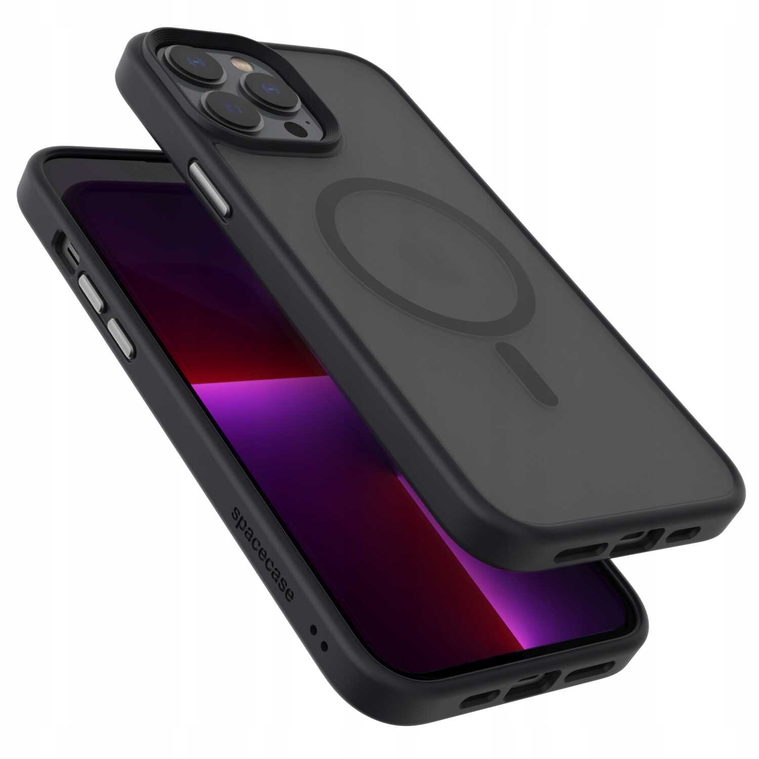 Czarne etui magnetyczne na telefon z widocznym okrągłym wzorem na tylnej części. Na boku etui znajduje się napis \'spacecase\'.