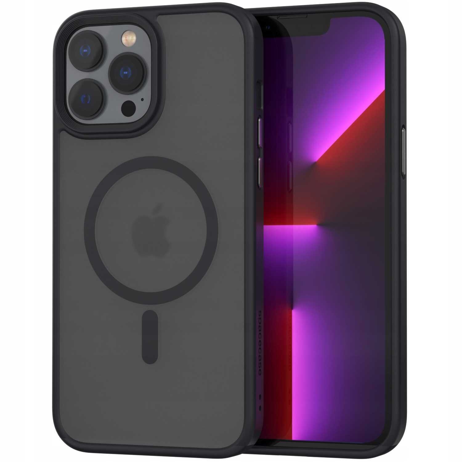 Czarne etui magnetyczne na telefon z widocznym logo producenta w formie okręgu. Obok etui znajduje się telefon z wyświetlaczem pokazującym kolorowe światła.