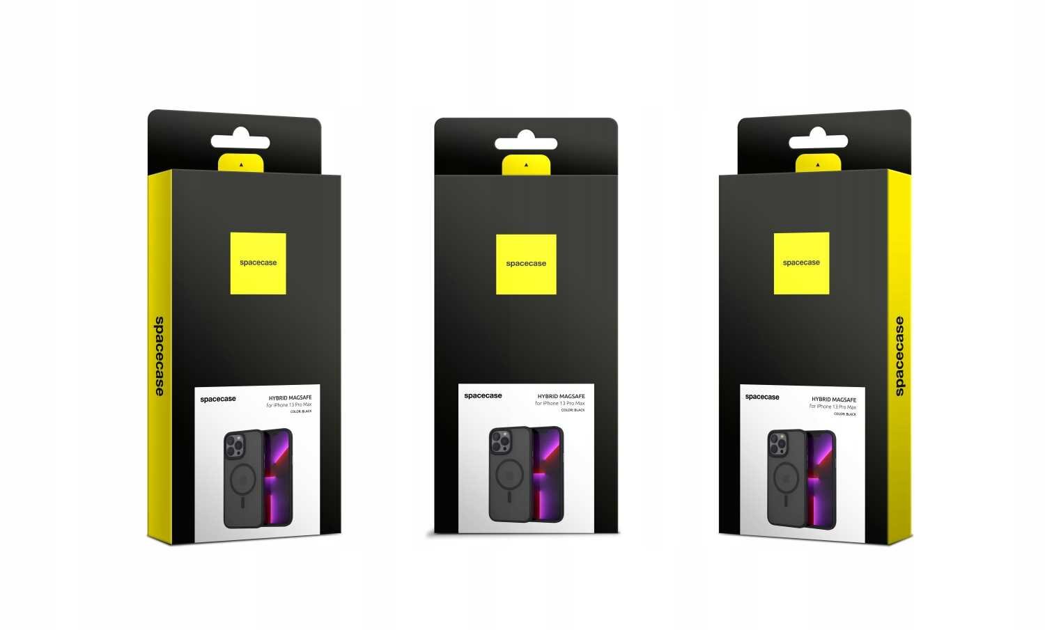 Trzy opakowania produktu SPACECASE Hybrid Mag do iPhone 13 Pro Max w kolorze czarnym, z widocznym logo \'spacecase\' na żółtym tle. Na każdym opakowaniu znajduje się zdjęcie etui z fioletowym akcentem.