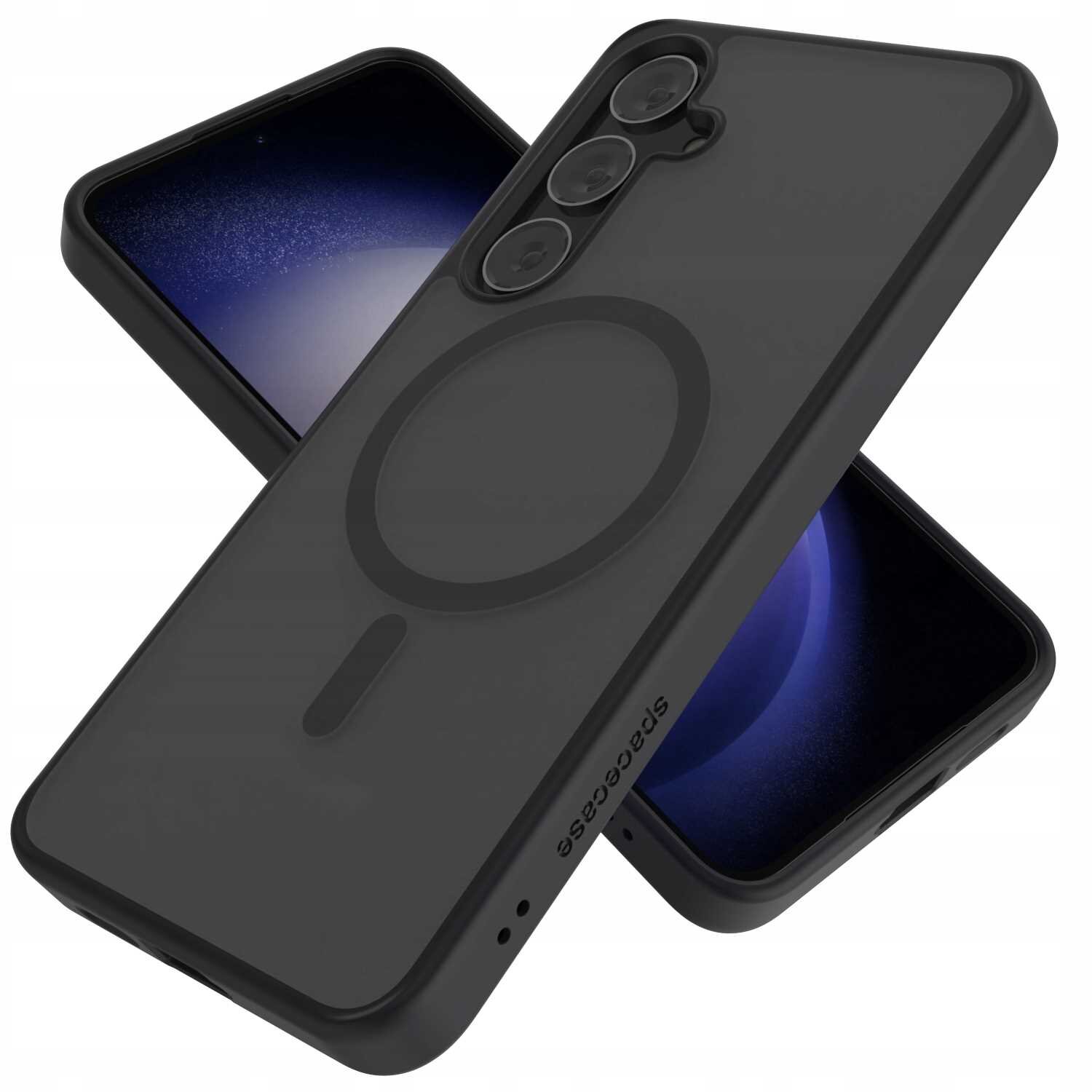Czarne etui magnetyczne SPACECASE Hybrid Mag do Galaxy S24+ z widocznym okrągłym wzorem na tylnej części. Obok etui znajduje się smartfon z wyświetlaczem pokazującym gradient od ciemnego do jasnego niebieskiego.