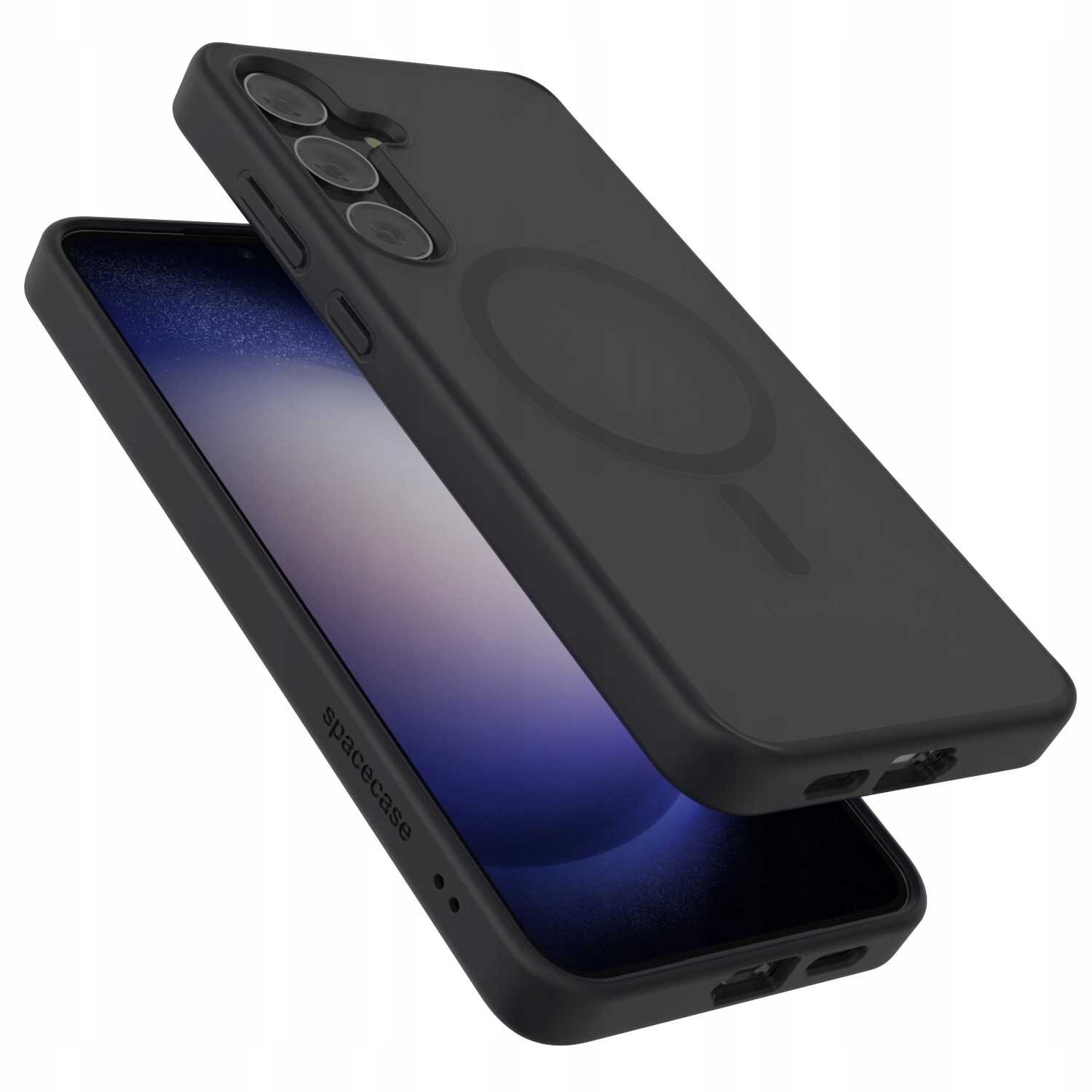 Czarne etui magnetyczne SPACECASE Hybrid Mag do Galaxy S24+ z widocznym logo \'spacecase\'. Etui posiada wycięcia na aparat i porty oraz okrągły wzór na tylnej części.