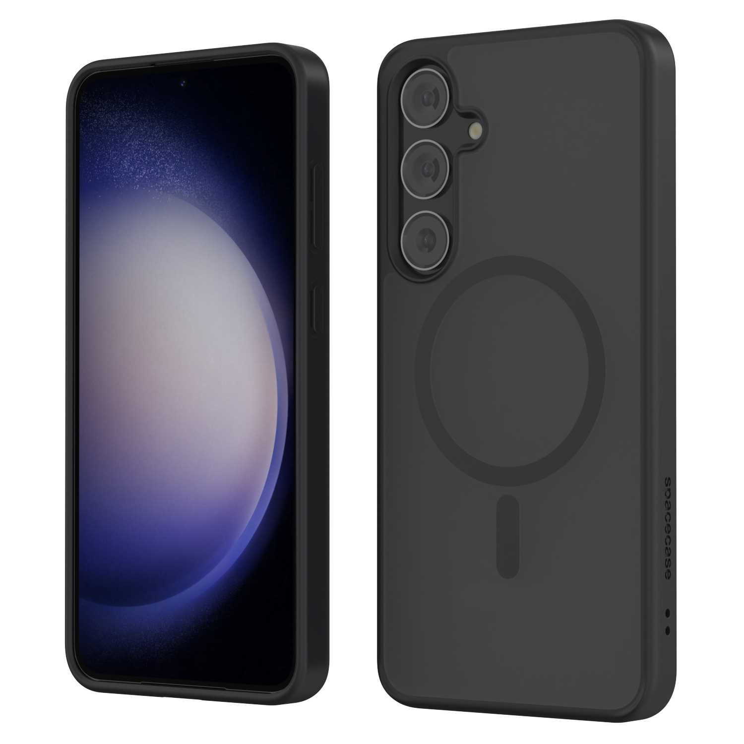 Obraz przedstawia czarne etui magnetyczne na telefon z trzema wycięciami na aparaty i napisem \'spacecase\' na boku. Obok etui widoczny jest telefon z wyświetlaczem pokazującym abstrakcyjny wzór w odcieniach niebieskiego i białego.
