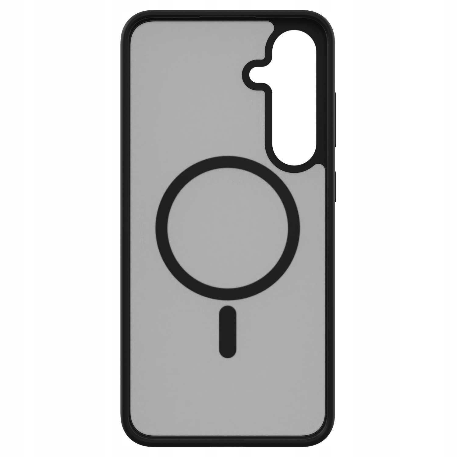 Czarne etui magnetyczne z wycięciem na aparat i okrągłym wzorem na środku. Przeznaczone do telefonu Galaxy S24+.