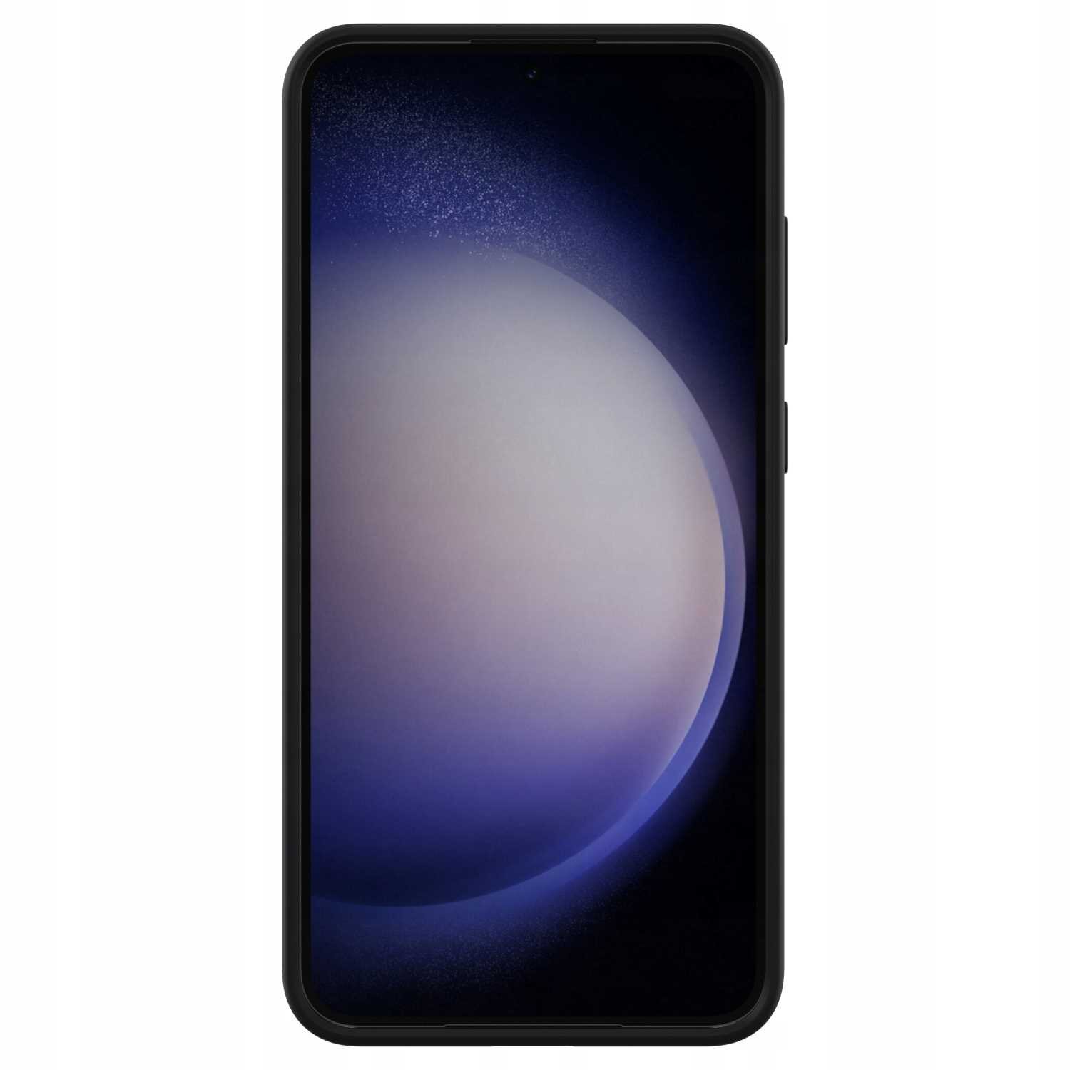Obraz przedstawia smartfon z wyświetlaczem pokazującym abstrakcyjny motyw w odcieniach fioletu i bieli. Telefon jest umieszczony w czarnym etui.