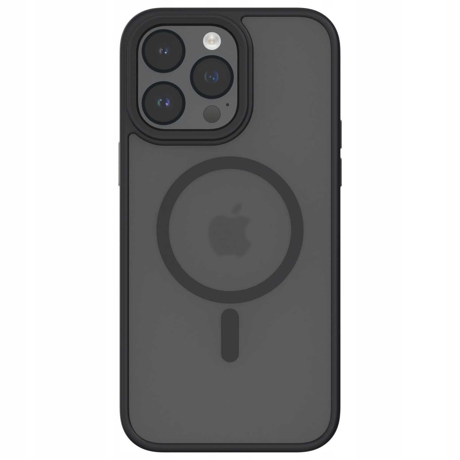 Czarne etui magnetyczne na telefon z widocznym logo w kształcie jabłka i okrągłym wzorem na środku. W górnej części znajduje się wycięcie na aparat z trzema obiektywami i lampą błyskową.