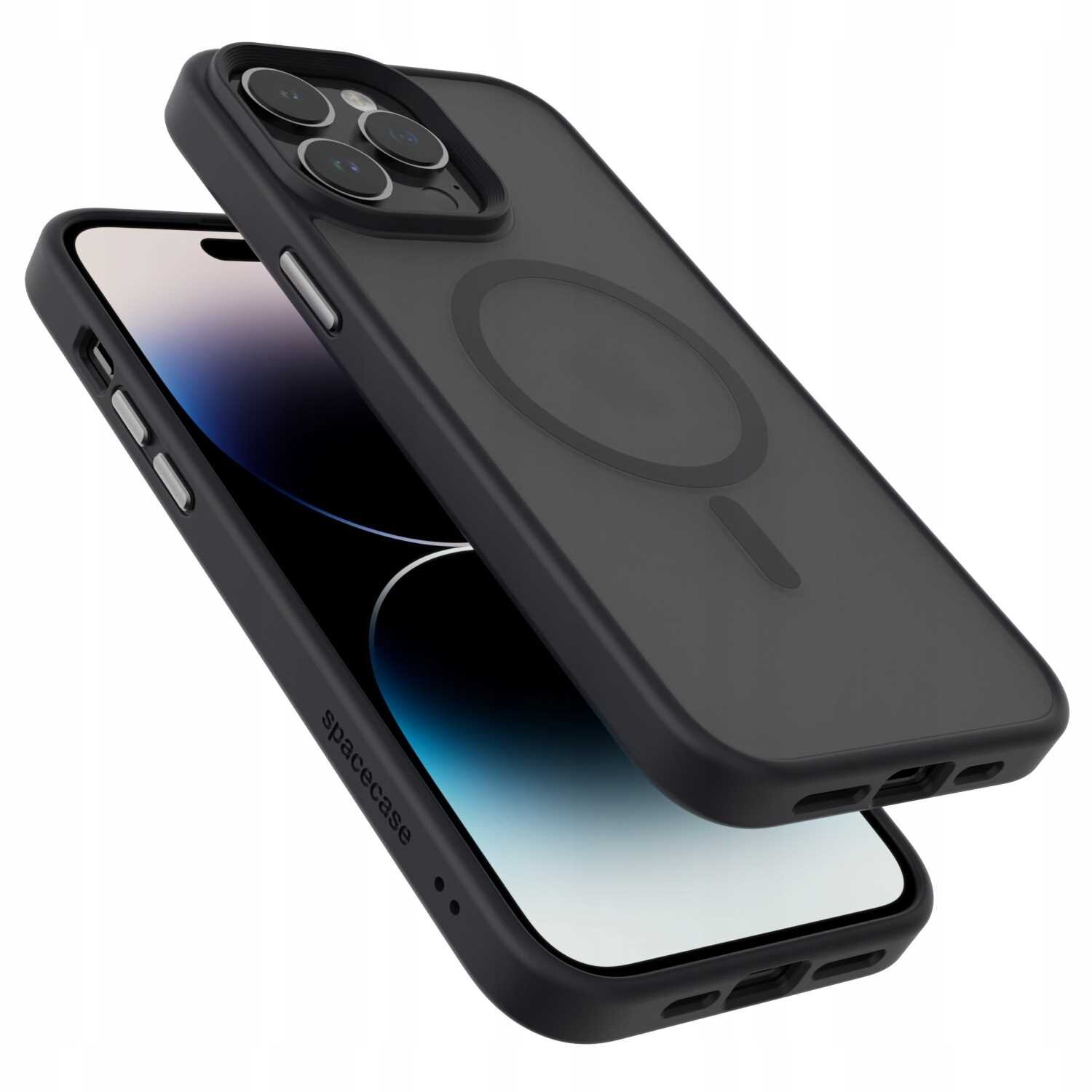 Czarne etui magnetyczne na telefon z widocznym okrągłym wzorem na tylnej części. Na etui znajduje się napis \'spacecase\'.