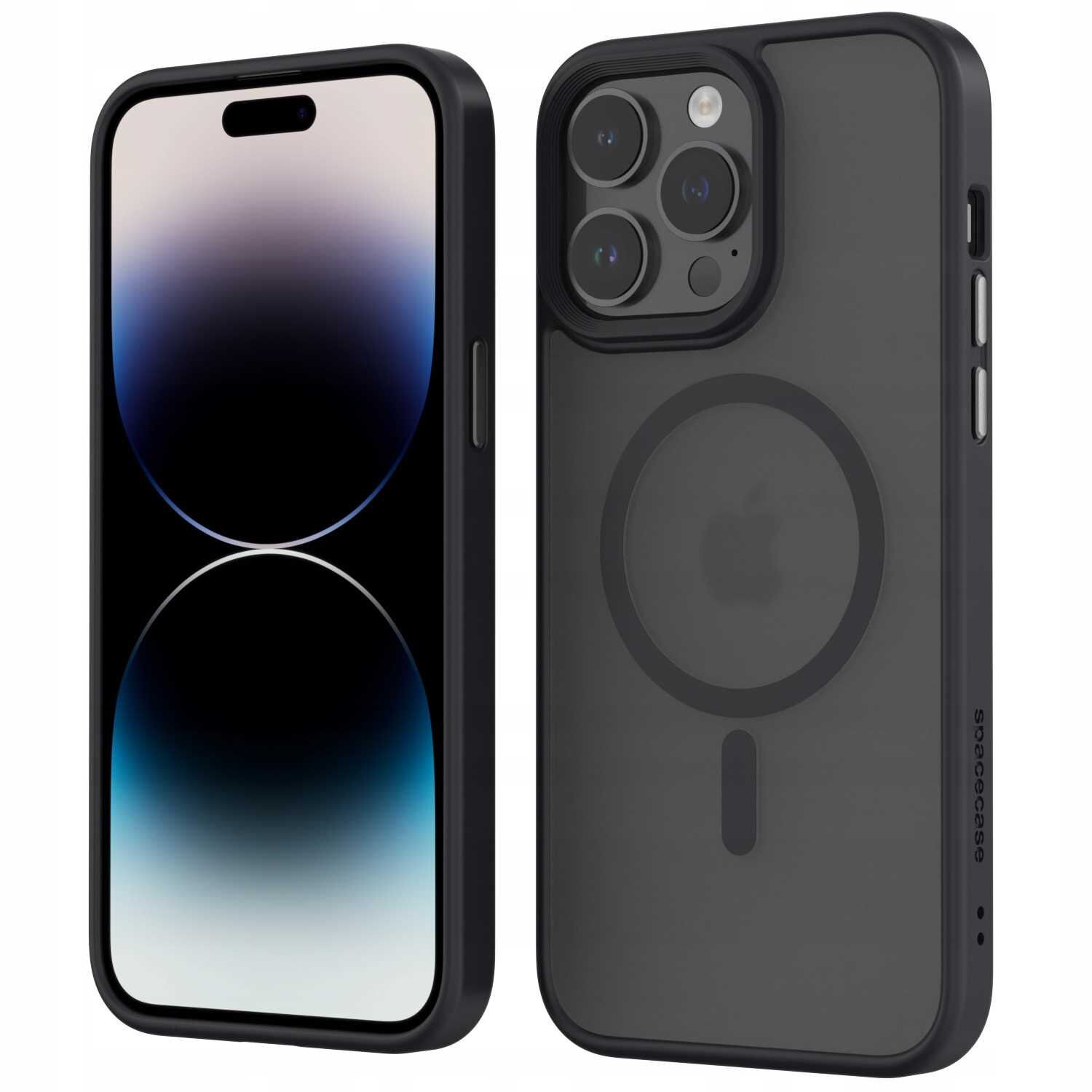 Obraz przedstawia czarne etui magnetyczne SPACECASE Hybrid Mag do iPhone 14 Pro Max. Etui ma widoczny okrągły wzór na tylnej części oraz wycięcia na aparat i przyciski.