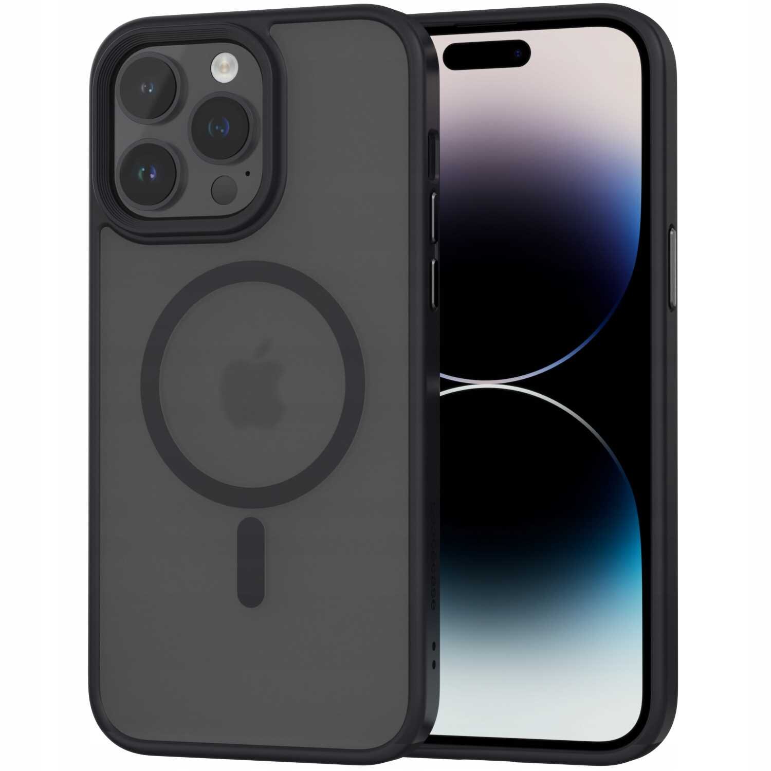 Czarne etui magnetyczne na telefon z widocznym logo producenta w centralnej części. Obok etui znajduje się telefon z wyświetlaczem pokazującym gradientowe tło.