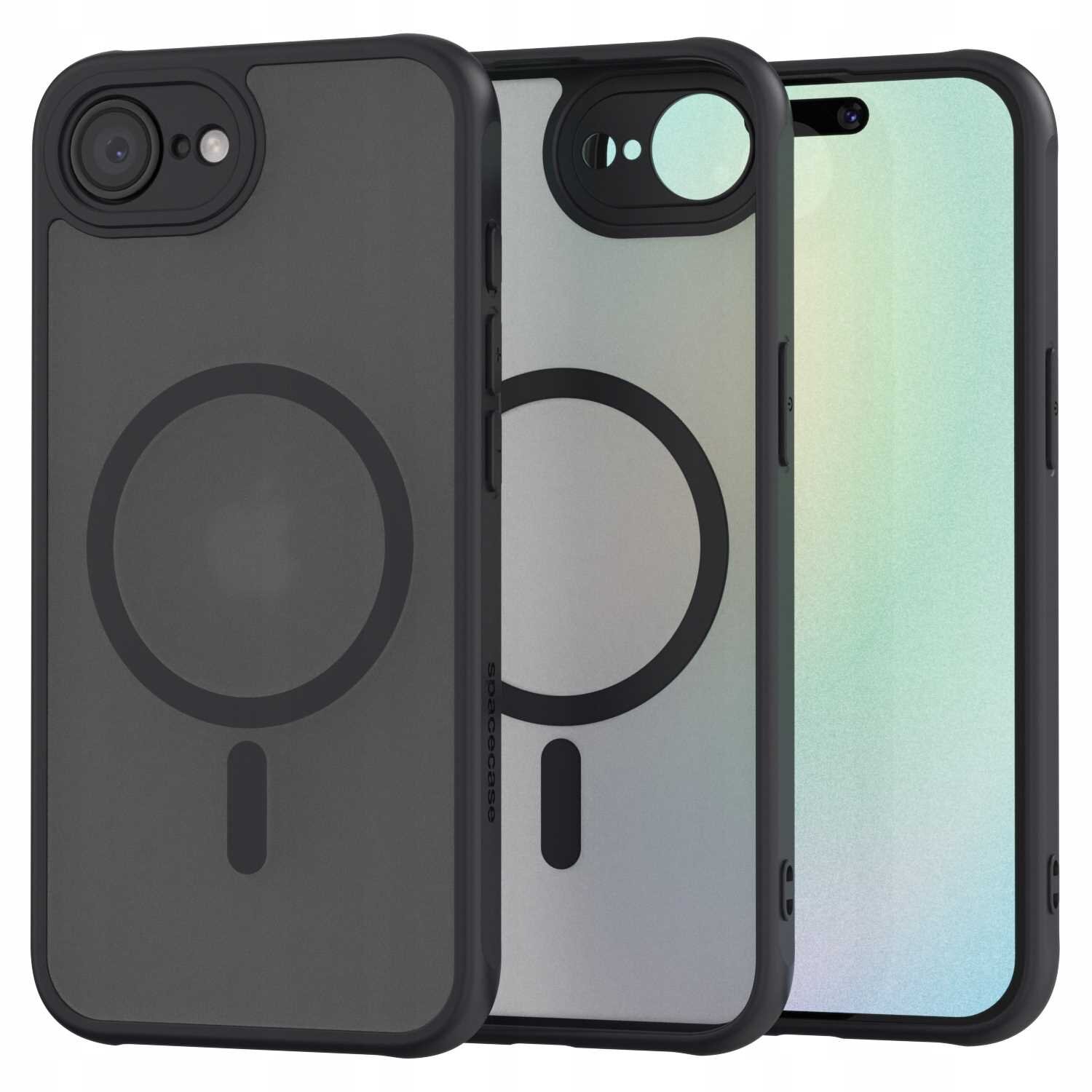 Trzy etui na telefon w kolorze czarnym z okrągłym wzorem na tylnej części, jedno z nich ma widoczne logo \'SPACECASE\'.