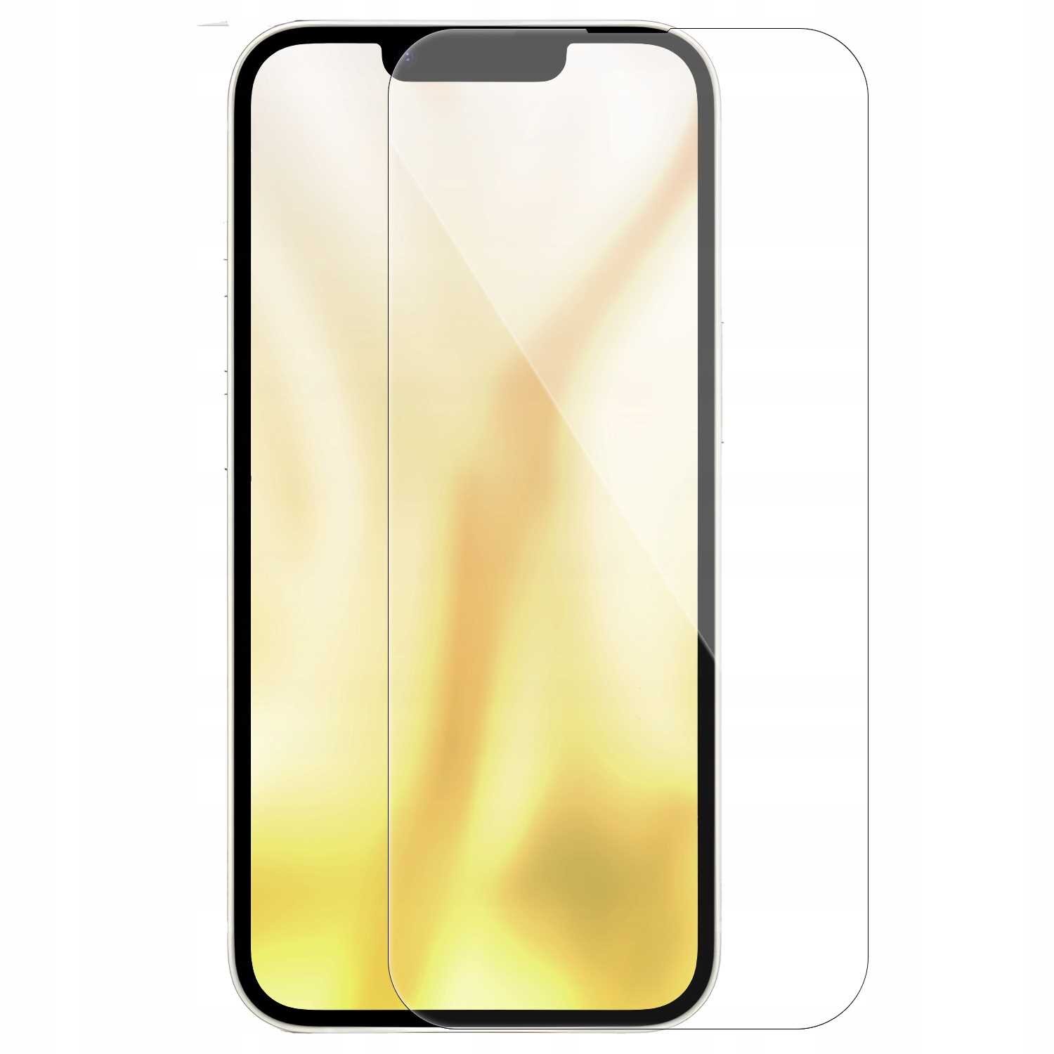 Obraz przedstawia przezroczystą osłonę ekranu nałożoną na smartfon z wyświetlaczem o złotym tle. Osłona jest dopasowana do kształtu ekranu, z wycięciem na górze.