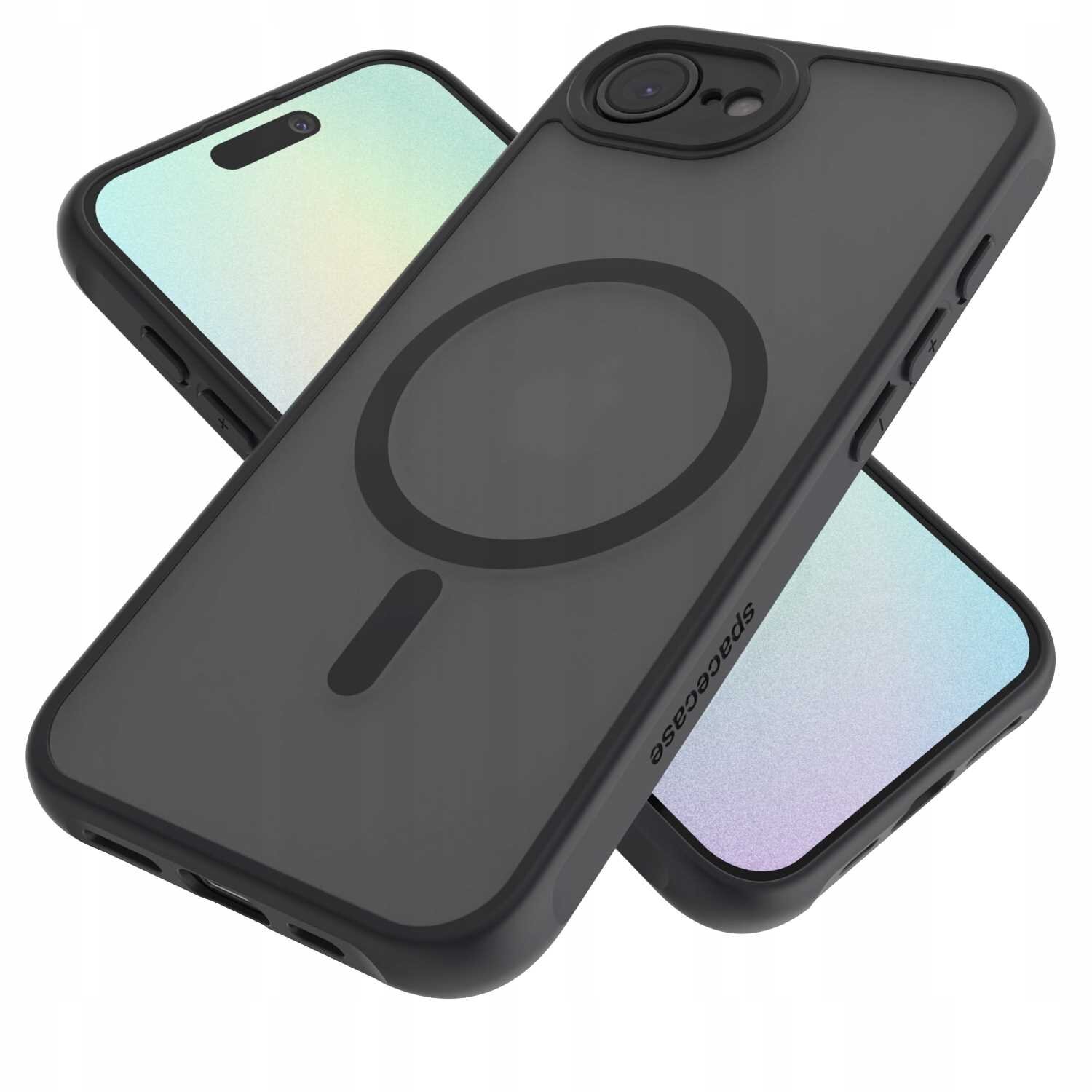 Na obrazie widoczne są trzy czarne etui na telefon z okrągłym wzorem i napisem \'SPACECASE\' na boku. Etui mają przezroczyste plecy i wycięcia na aparat oraz przyciski.