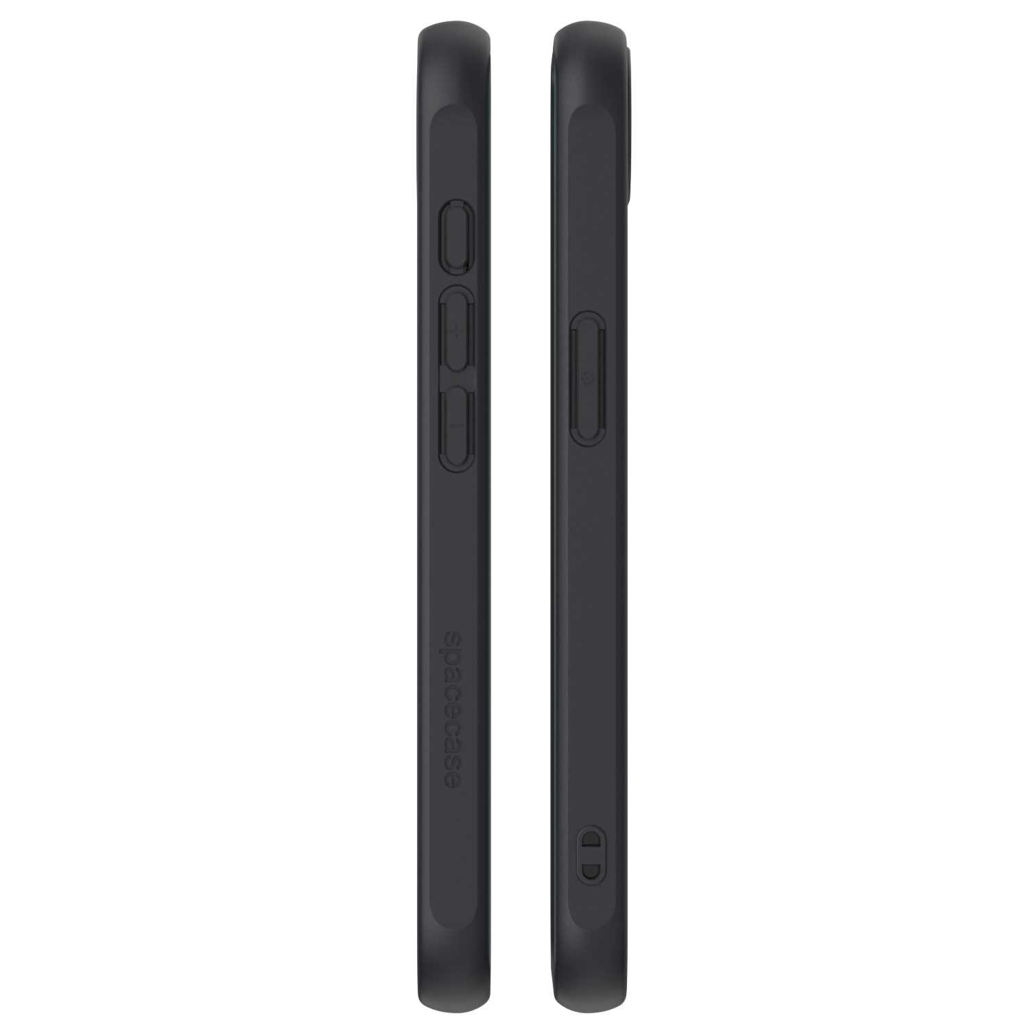Dwa czarne etui magnetyczne SPACECASE Hybrid Mag do iPhone 16E, widoczne z boku. Na jednym z etui widać wytłoczony napis \'SPACECASE\'.