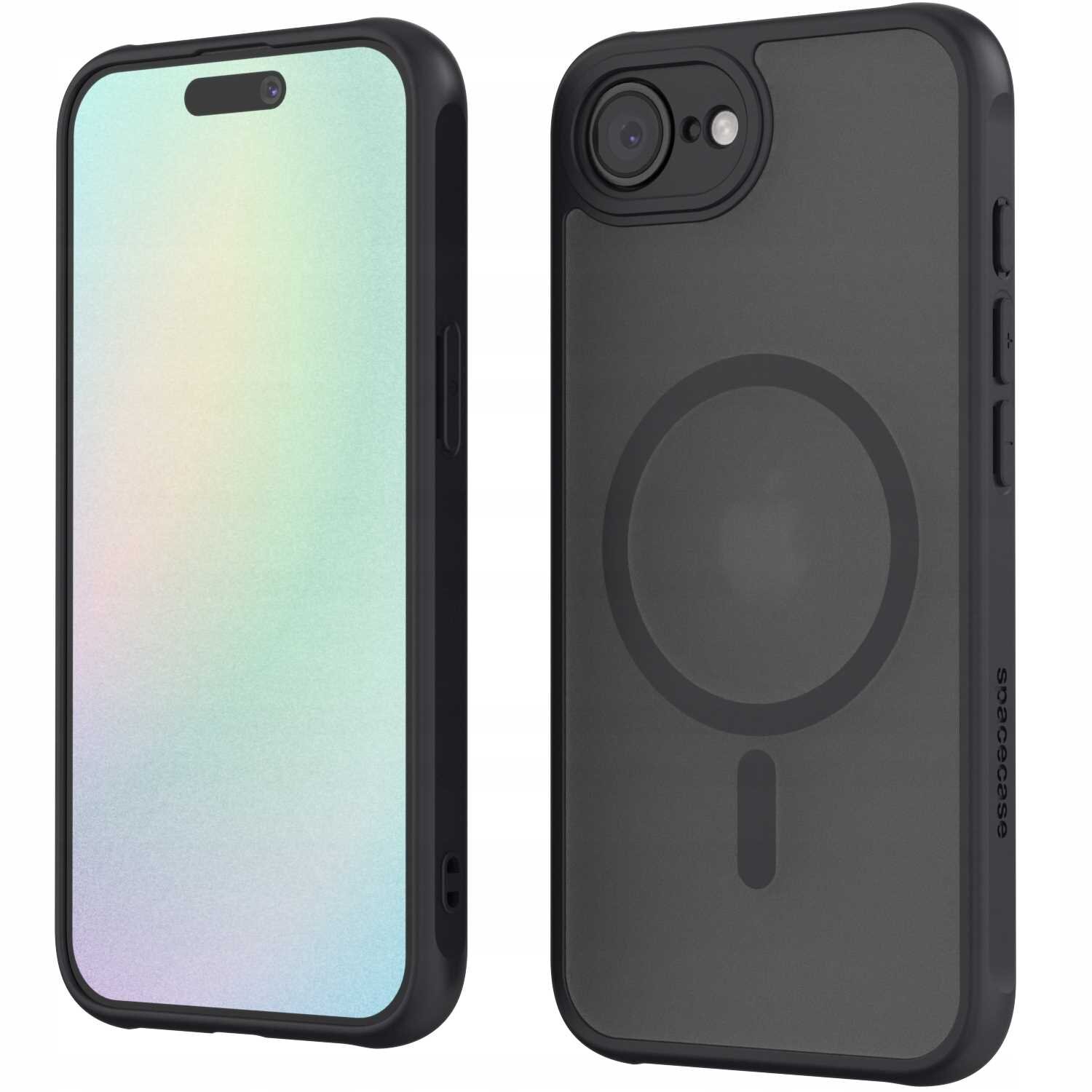 Obraz przedstawia czarne etui magnetyczne SPACECASE Hybrid Mag do iPhone 16E. Na etui widoczny jest okrągły wzór oraz logo \'spacecase\'.